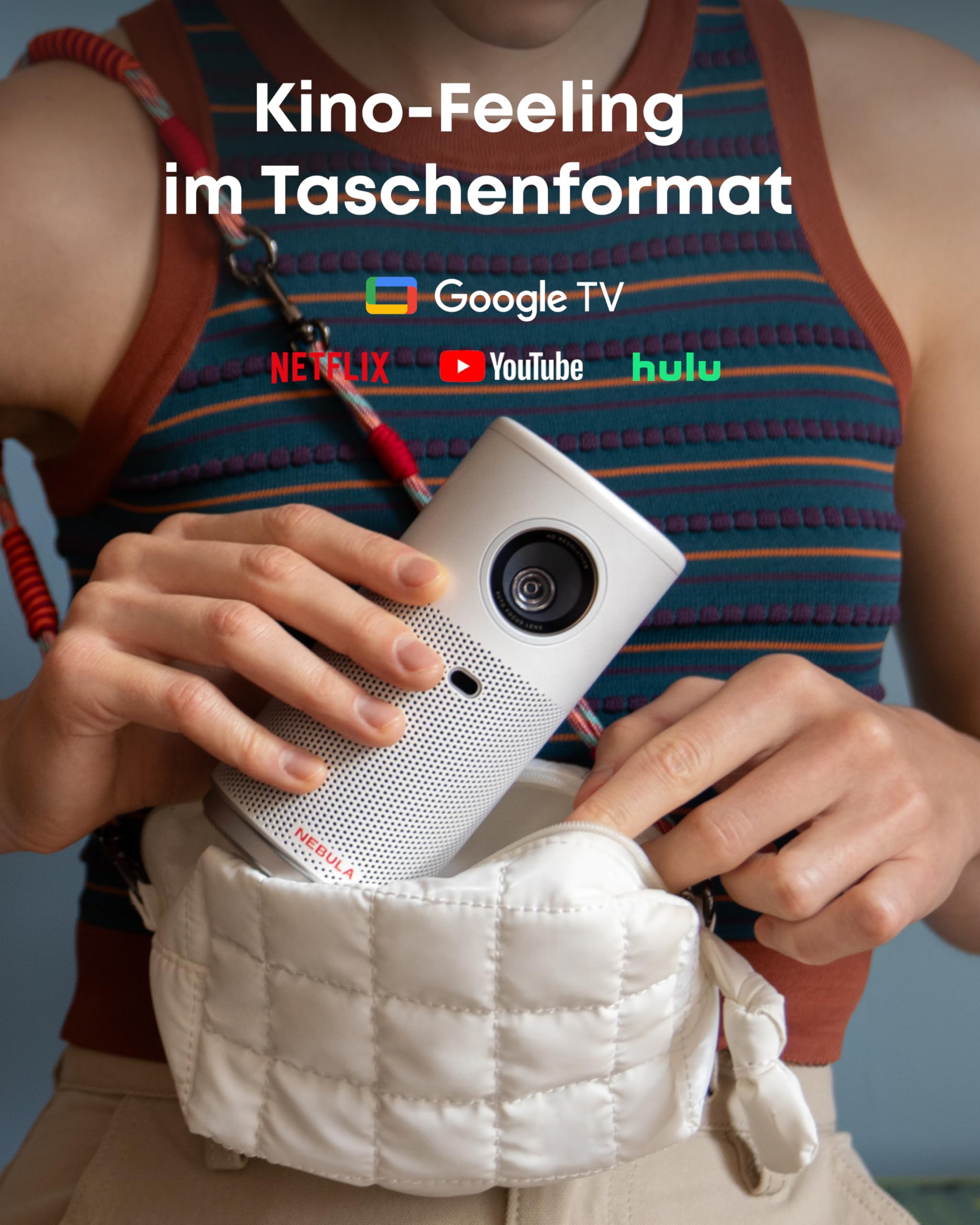 NEBULA Capsule Air Projektor mit Google TV, offiziell Lizenziertes Netflix, 720p Smarter Mini-Beamer mit WLAN & Bluetooth, 2 Stunden Akku, Dolby Digital, ultrakompakt für Flexible Nutzung