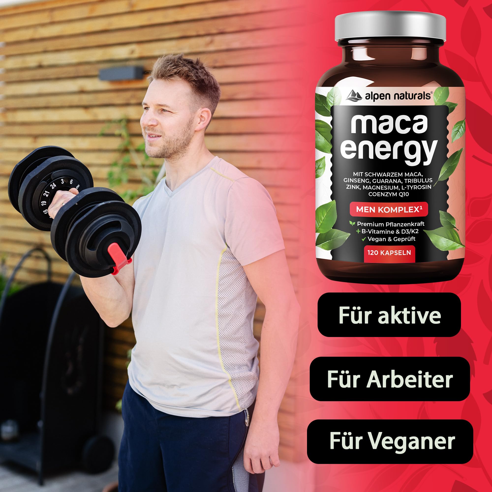 Maca Men Komplex Hochdosiert – 120 Kapseln mit Schwarzem Maca, Tribulus, Ginseng, Guarana, Zink & Q10 – Vegan & Laborgeprüft