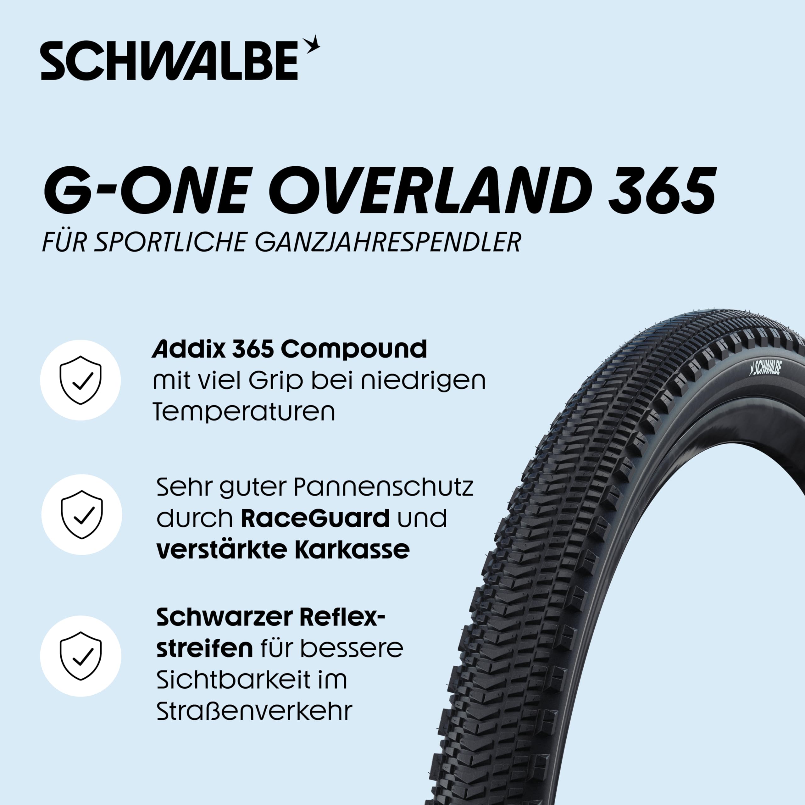 Schwalbe Fahrradreifen G-ONE Overland 365 – Gravel Reifen 28 Zoll für Ganzjahrespendler & Alltagsfahrten – Tubeless Easy mit RaceGuard Pannenschutz und ADDIX 4-Season Compound