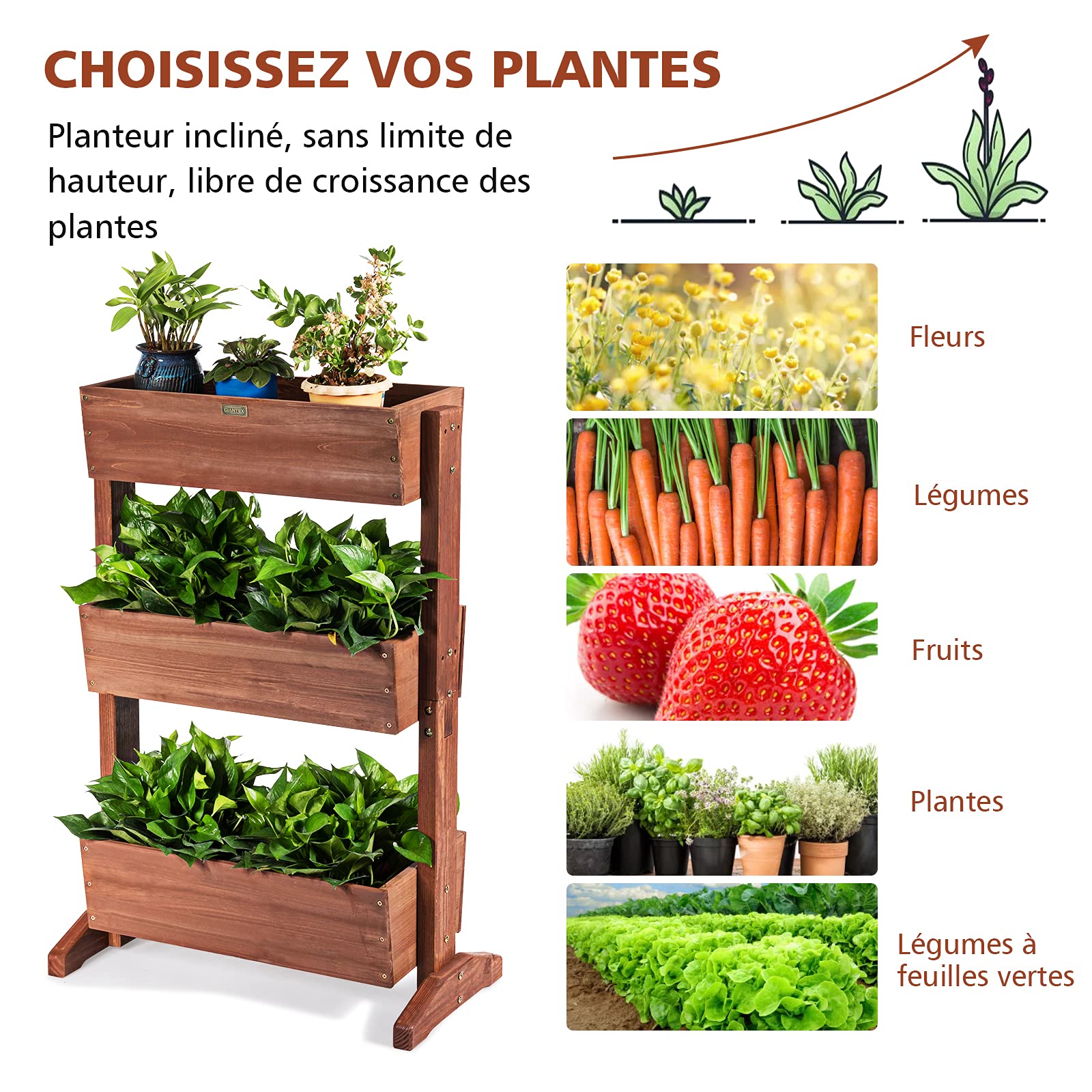 COSTWAY Escalier à Plantes en Bois à 3 Etagères Amovibles Inclinaison de Chaque Niveau Ajustable Multifonctions Intérieur/Extérieur