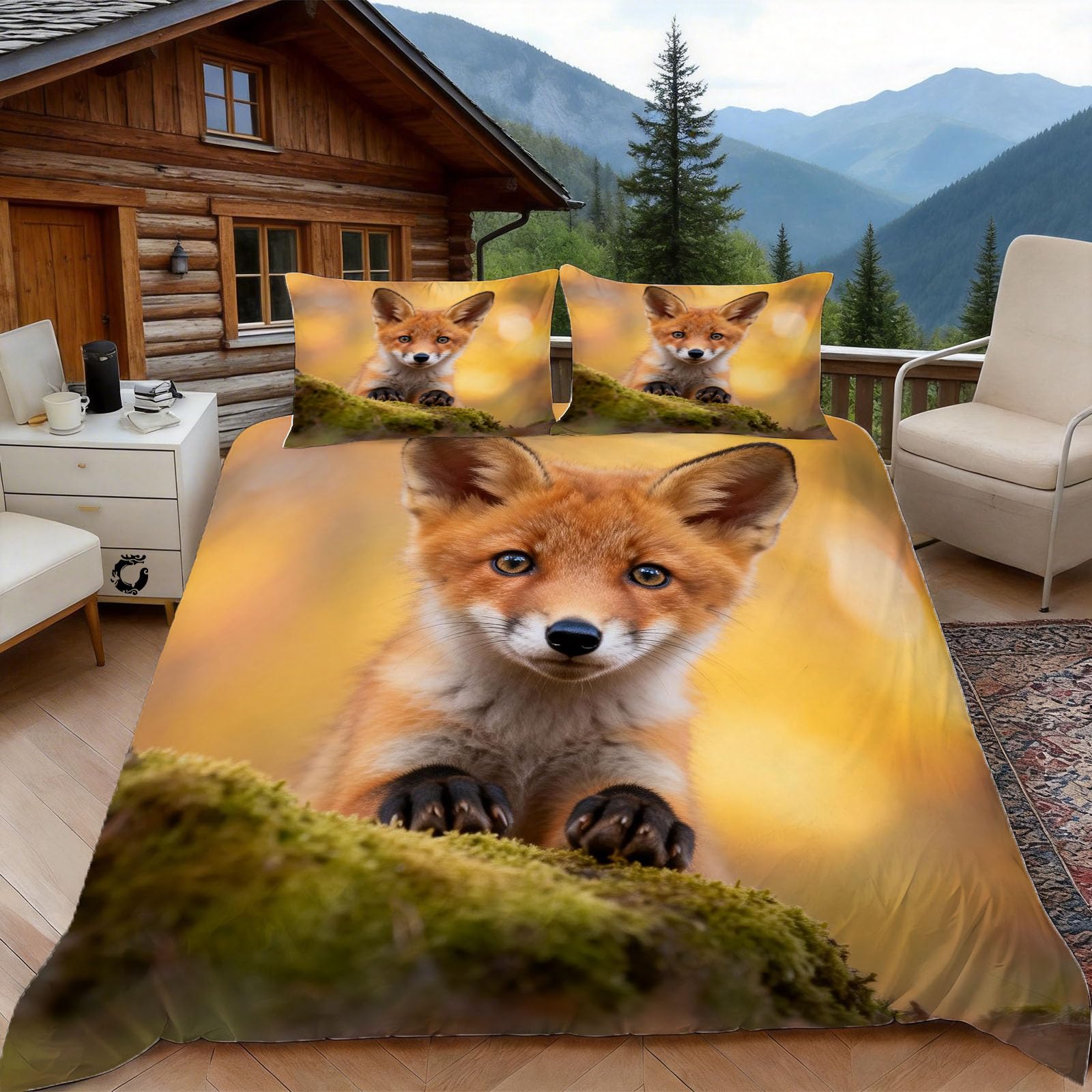 3D Double Duvet Set 3D Printed Red Fox Cub Bedding, Wildlife Animal Soft Microfibre Duvet Cover Sets Quilt Cover and Pillow Set with Zipper 3 Pcs