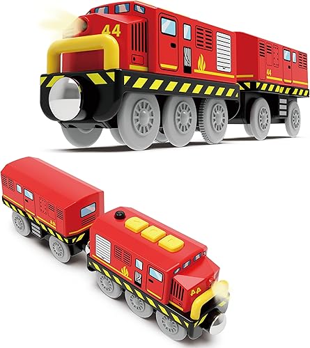 Miniatura 5 de Train Toys - Tren de locomotora a pilas para pista de madera, tren motorizado para niños pequeños con conexión magnética, compatible con Thomas, Rojo