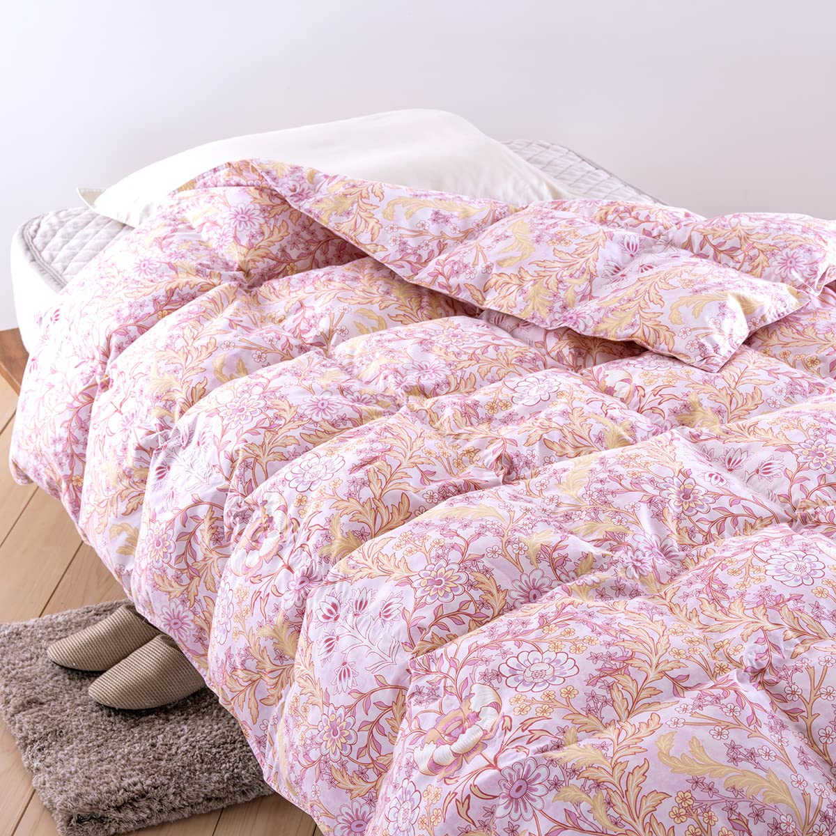 羽毛花柄掛け布団 ホワイト/ピンク　ホワイトグース Amazon｜羽毛肌布団 シングル ホワイトグースダウン93％ 0.3kg 洗える