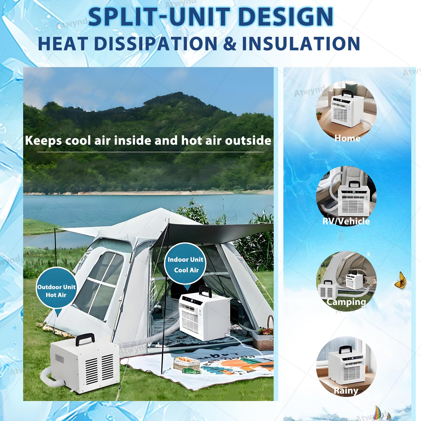 Mini Condizionatore D'Aria Portatile, Sistema-Di Raffreddamento da 3000 BTU, Climatizzatore per Camper e Campeggio, Non Richiede Kit per Finestre, per domestico e In Camera da Letto 1.5-meterpipe
