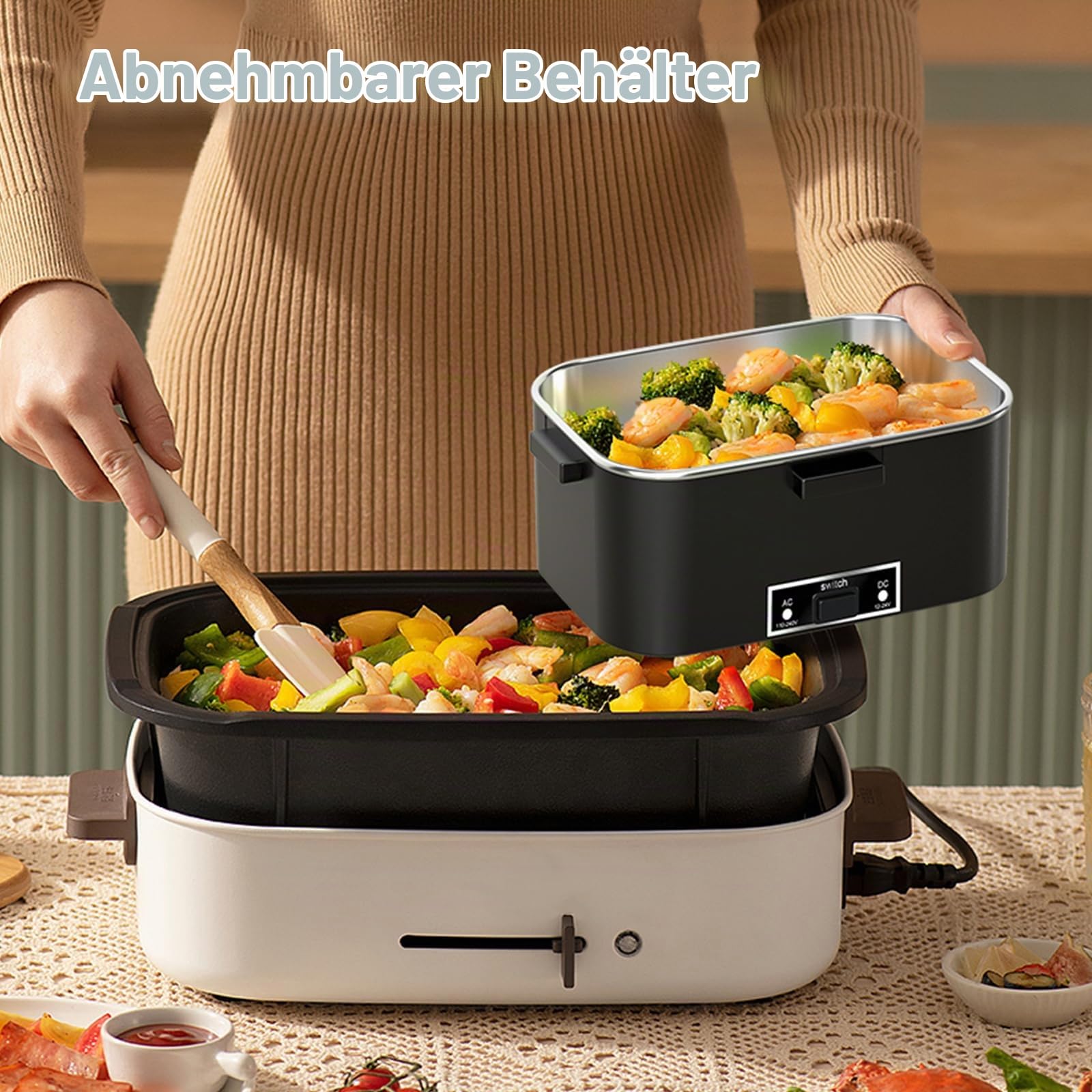SOOOEC Elektrische Lunchbox 100W, 3-in-1 tragbare beheizte Lunchbox, Herausnehmbare Edelstahl-Brotdose, 12V/24V/220V Isolierte Wärmebox für Auto/Lkw/Büro, Mit isolierter Tasche (Black DD, H1.8L)