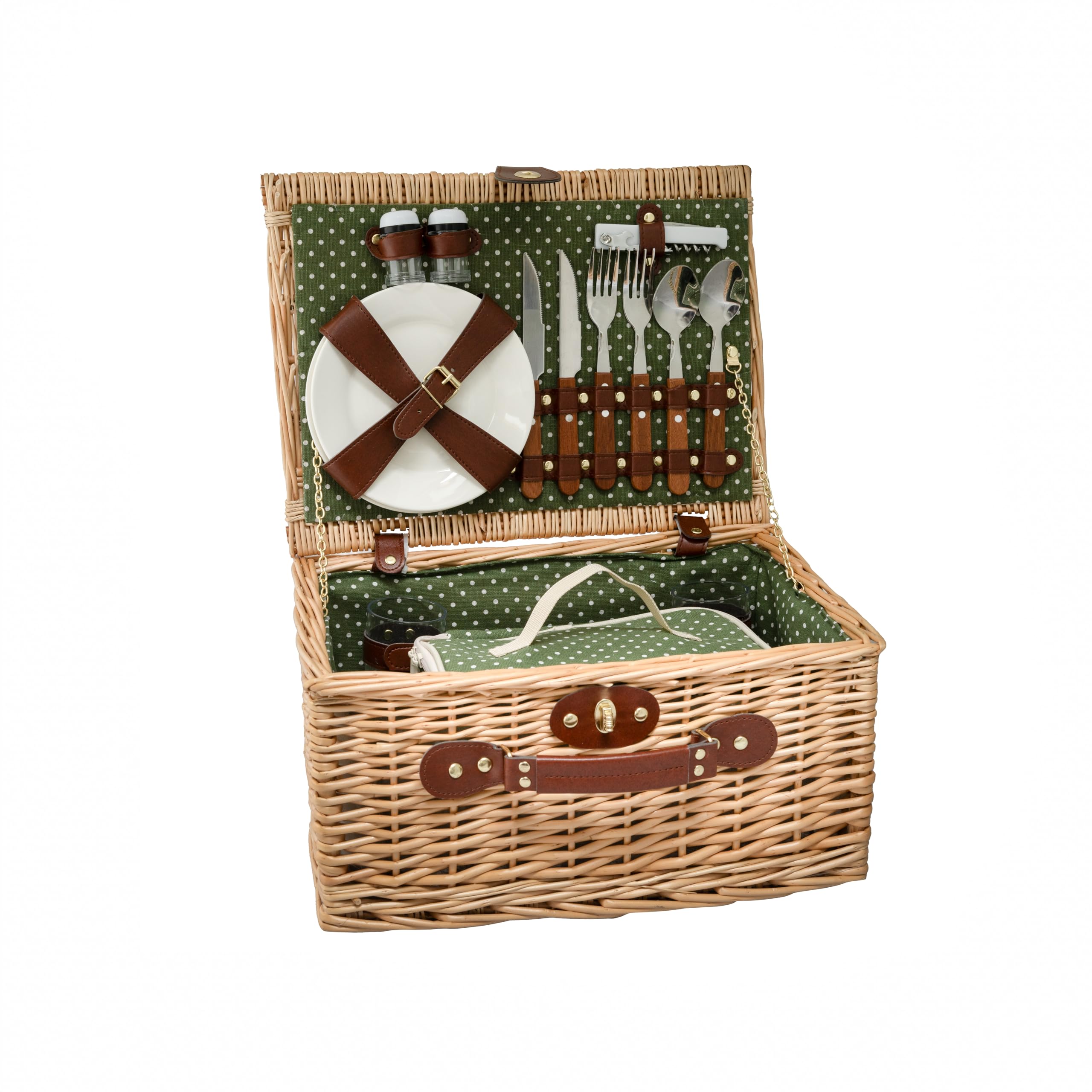 Arthur Cameron - Deluxe Handcrafted Wicker Picnic Basket for 2 People - Complete with Matching Removable Cooler Bag and Serveware - 2 Person Small Picnic Basket with Handle (Green Polka Dot)