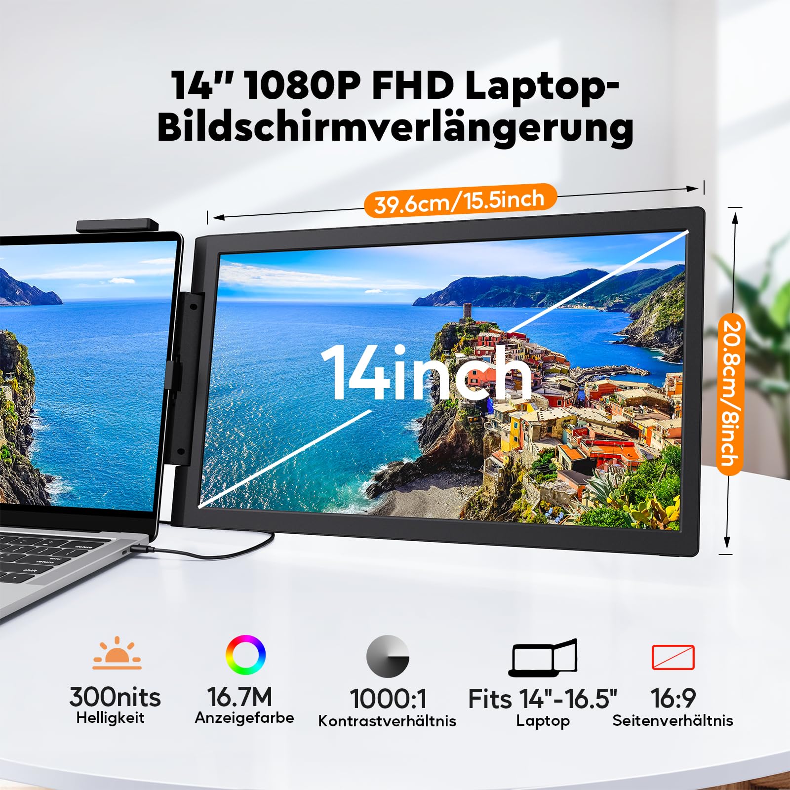 MAGICRAVEN Tragbarer Monitor für Laptop, 14 Zoll FHD 1080P IPS Bildschirm Laptop Monitor Erweiterung Dual Screen, Portable Monitor14-16 mit USB-C/HDMI Anschluß, Plug & Play für Windows, Mac, Android