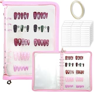 Press On Nail Storage Organizer with 4 Insert Pages - A5 Size Portable False Nail Storage Box for Collecting and Organizing Tips with Tape and Zipper Pocket (Pink)