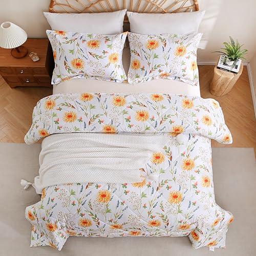 Miniatura 8 de JSD Juego de edredón de 3 piezas con estampado floral amarillo, tamaño King, edredón ligero de microfibra botánica para todas las estaciones con