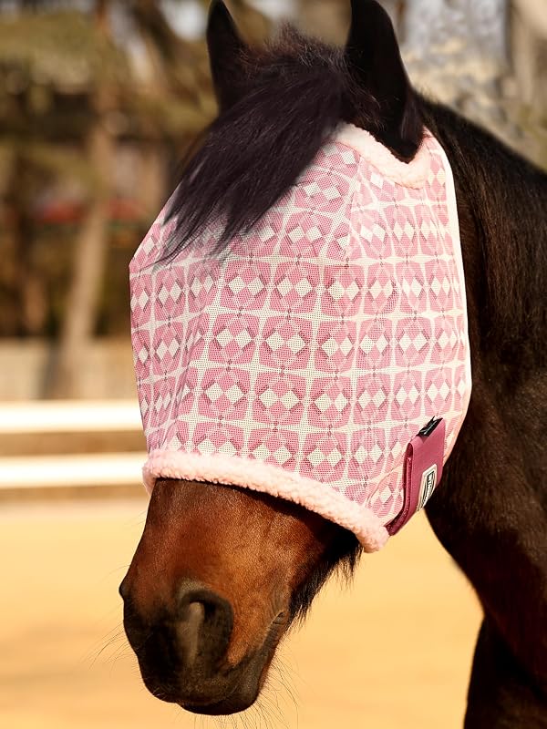 Máscara contra moscas para cavalos Tackmore sem orelhas, malha estruturada respirável com proteção UV, estampa Pink Print tamanho M