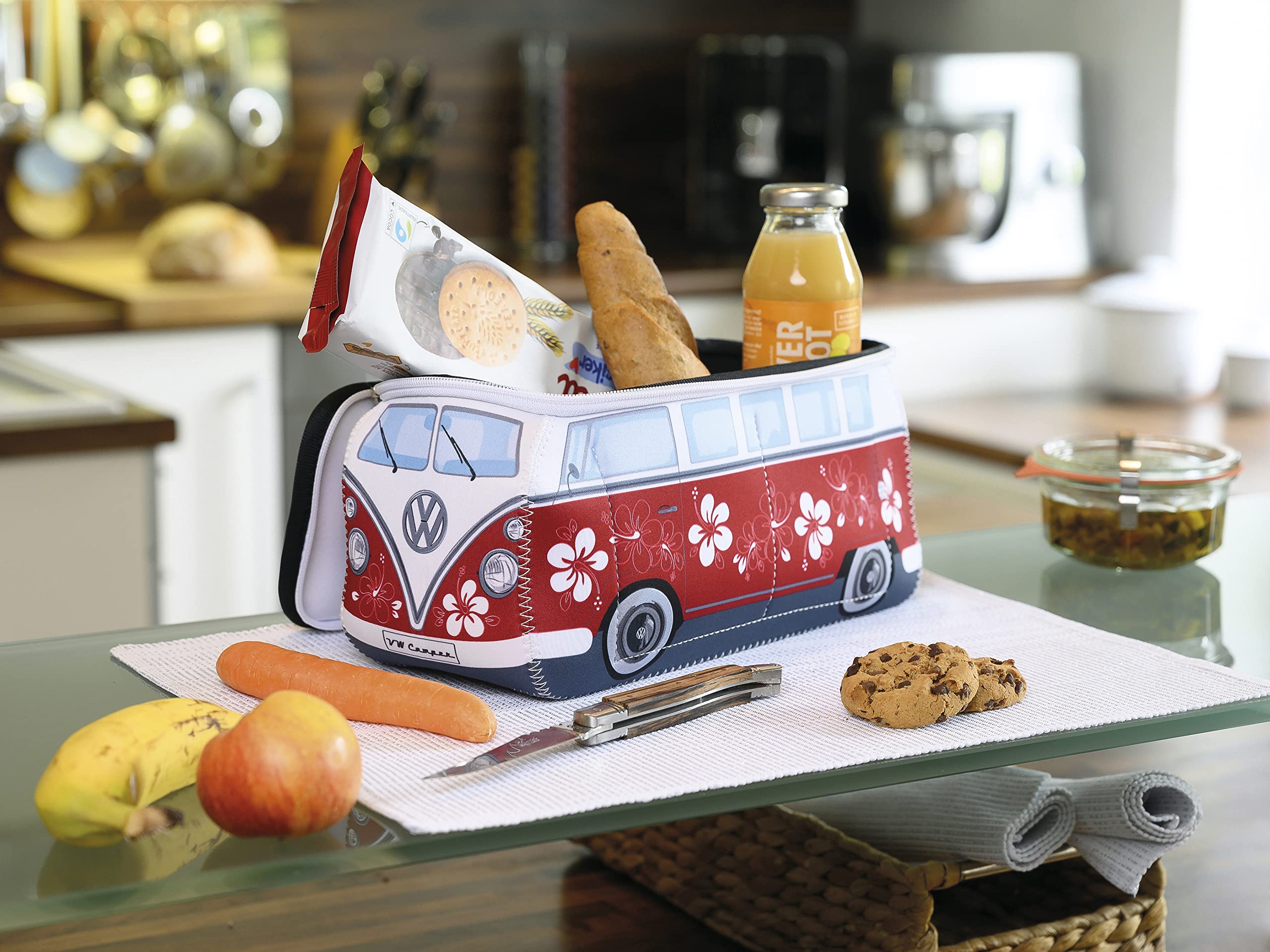 BRISA VW Collection - Volkswagen Neopren Universal-Schmink-Kosmetik-Kultur-Reise-Apotheke-Tasche-Beutel im T1 Bulli Bus Design (Hibiskus/Rot/Groß)