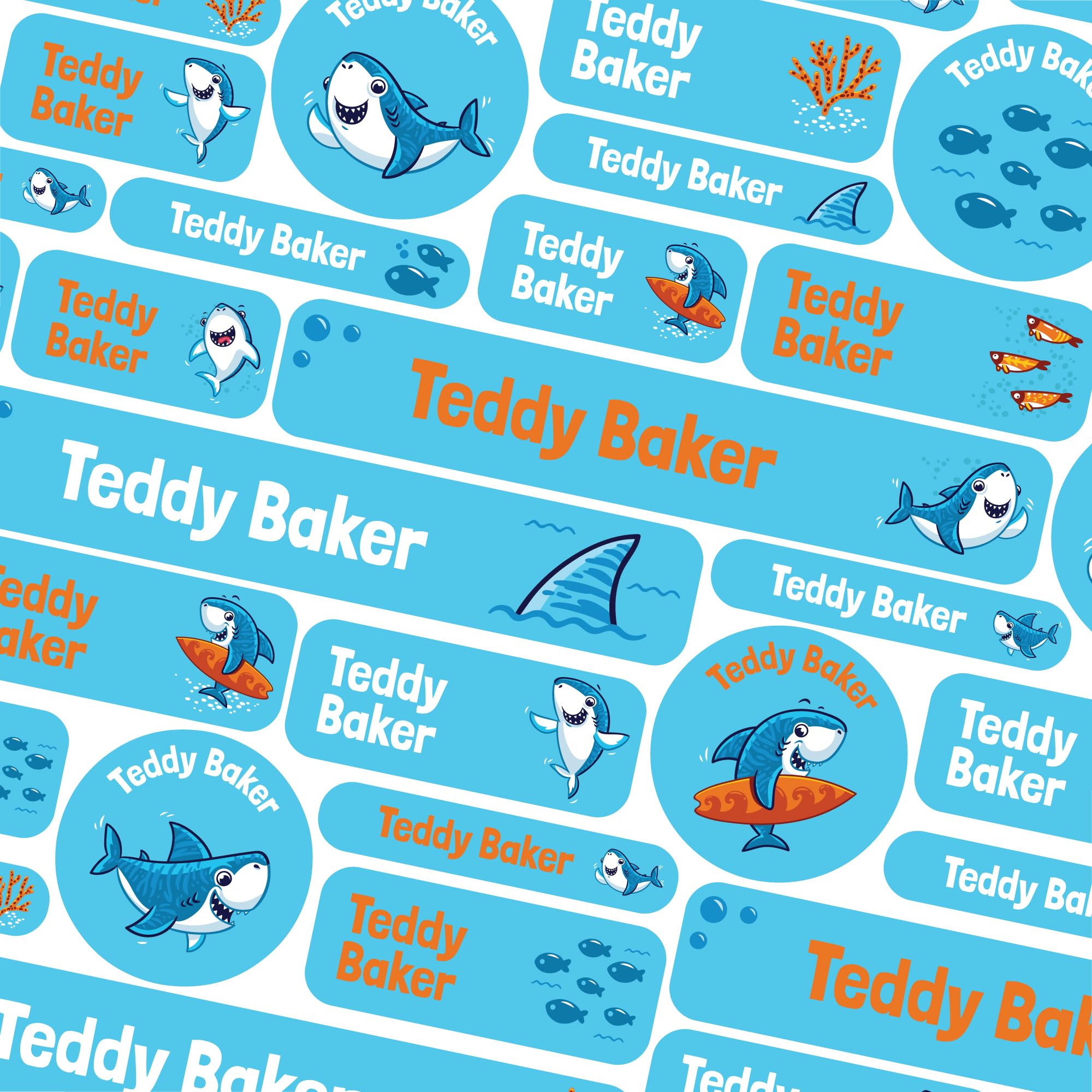 50 Name Labels for Kids No Iron Name Tags for Clothes Name Stickers for Water Bottles, School Uniform, School, Nursery, Care Homes, Washable and Dishwasher Safe for Children (Little Shark)