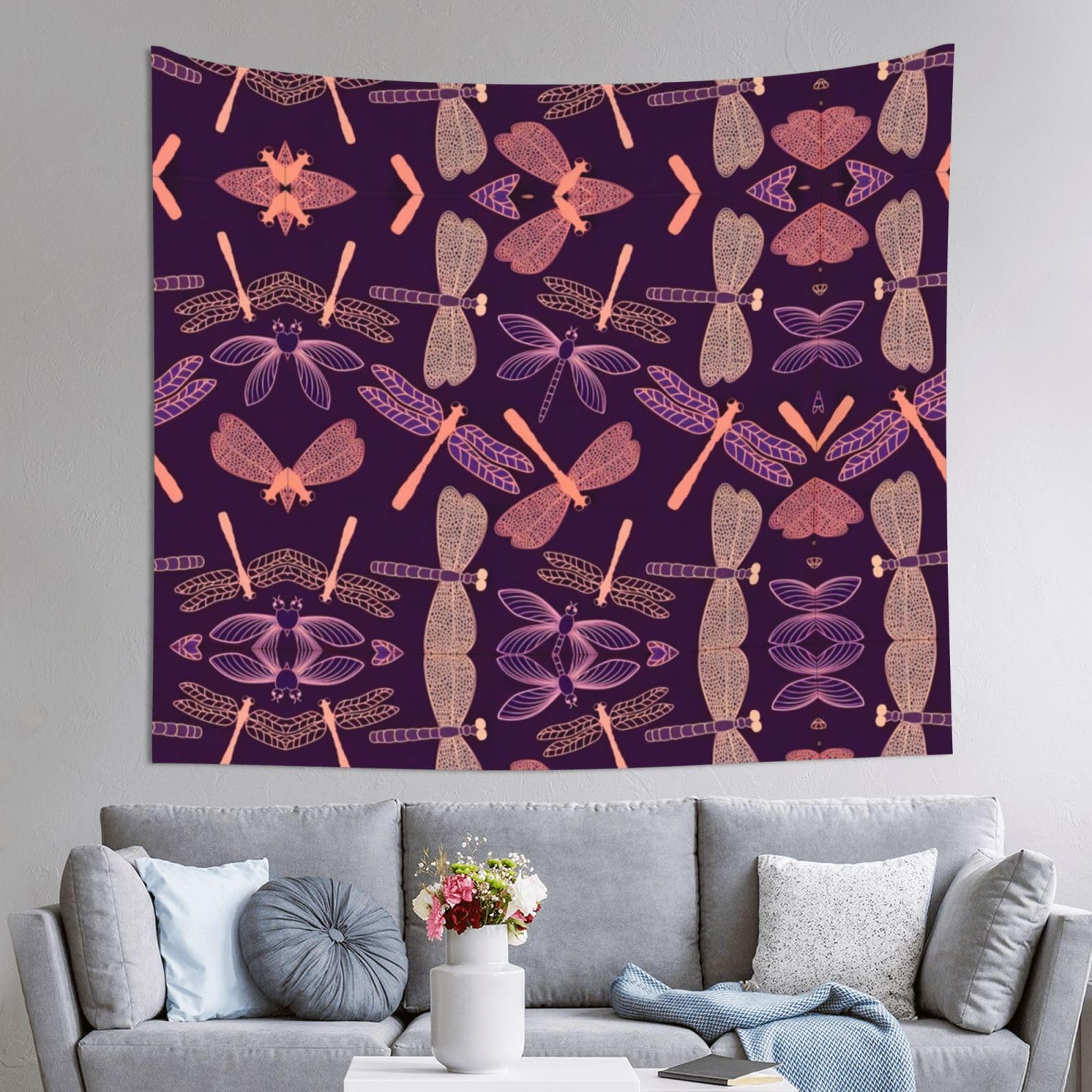 HLSBSSL 60x51in purple dragonfly Printed Tapestry Tablecloth for Dormitory and Picnic Rooms - Multifunctional Fabric Hanging