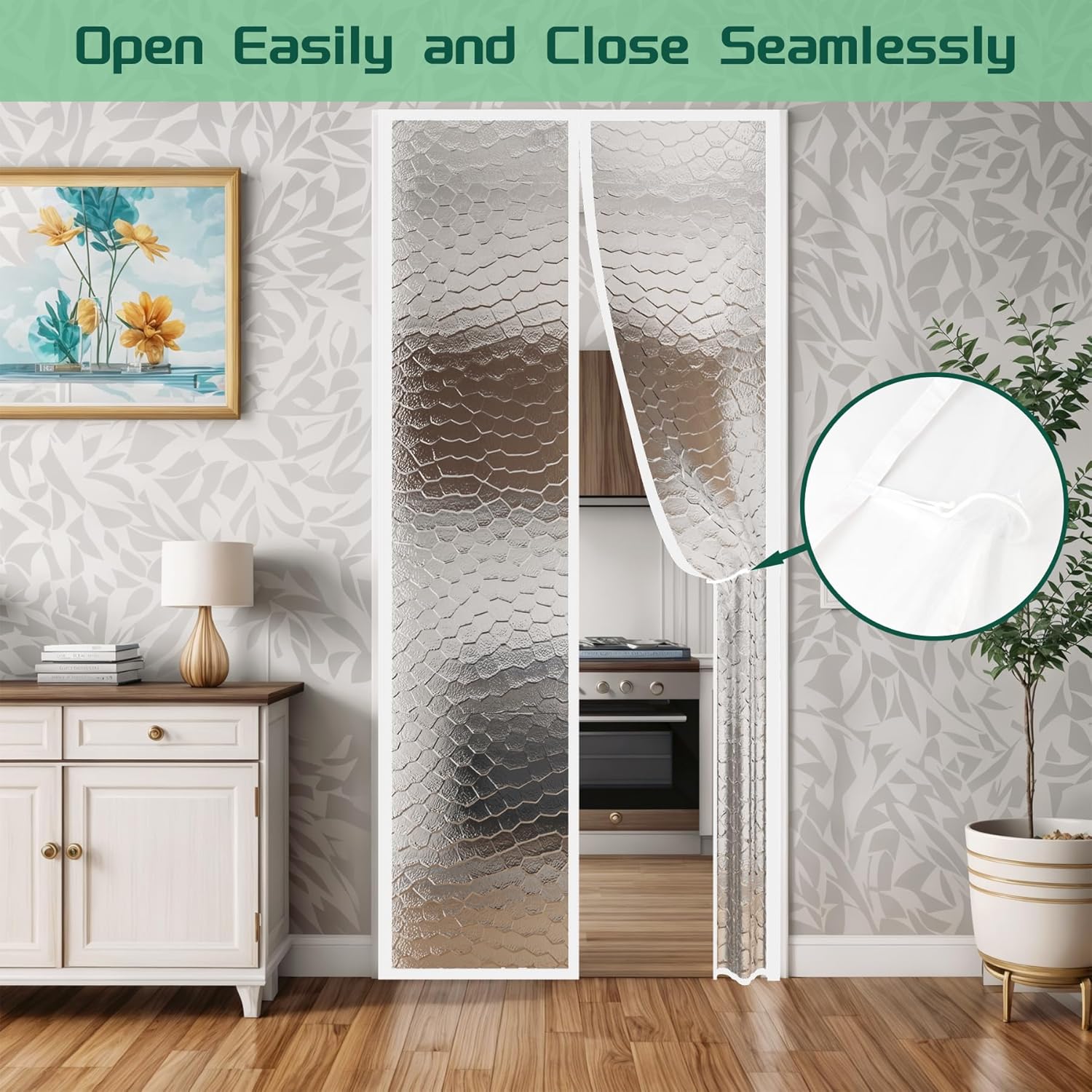 Thermal Insulated Door Screen,Fits Doors up to 34" x 80" Self-Closing Privacy Door Cover Curtain Hands Free for Air Conditioner Room,Kitchen,Bedroom,Keep Cool in Summer
