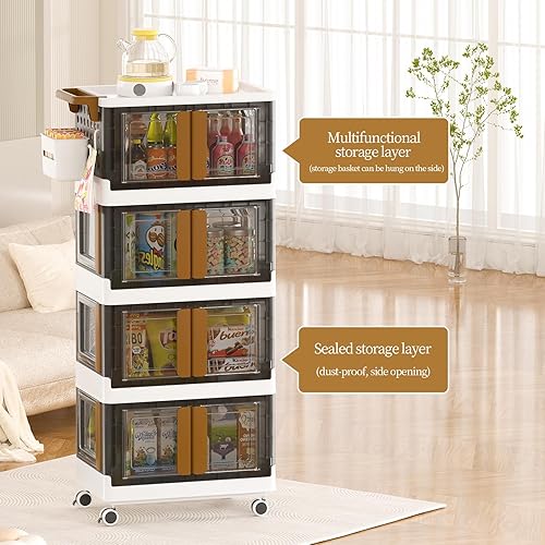 Miniatura 7 de HAIXIN Contenedor de almacenamiento plegable de 8.4 galones con tapa, paquete de 4 y carrito rodante de 4 niveles con cajón