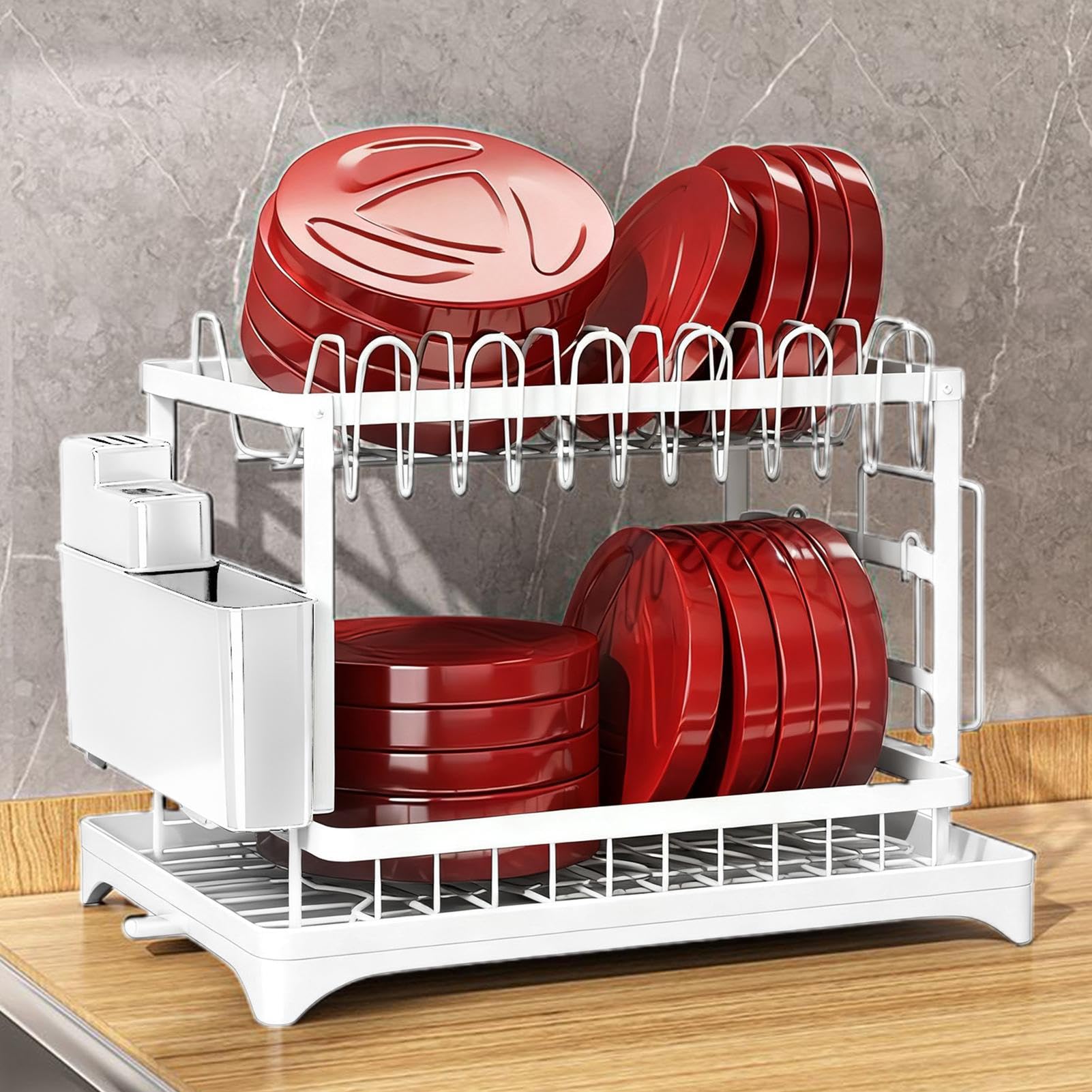Generisch Escurridor de platos | 2 niveles con soporte para utensilios y espacio de almacenamiento, escurridor de platos para encimera de cocina | fregadero casa apartamento tazas y tazas cubiertos
