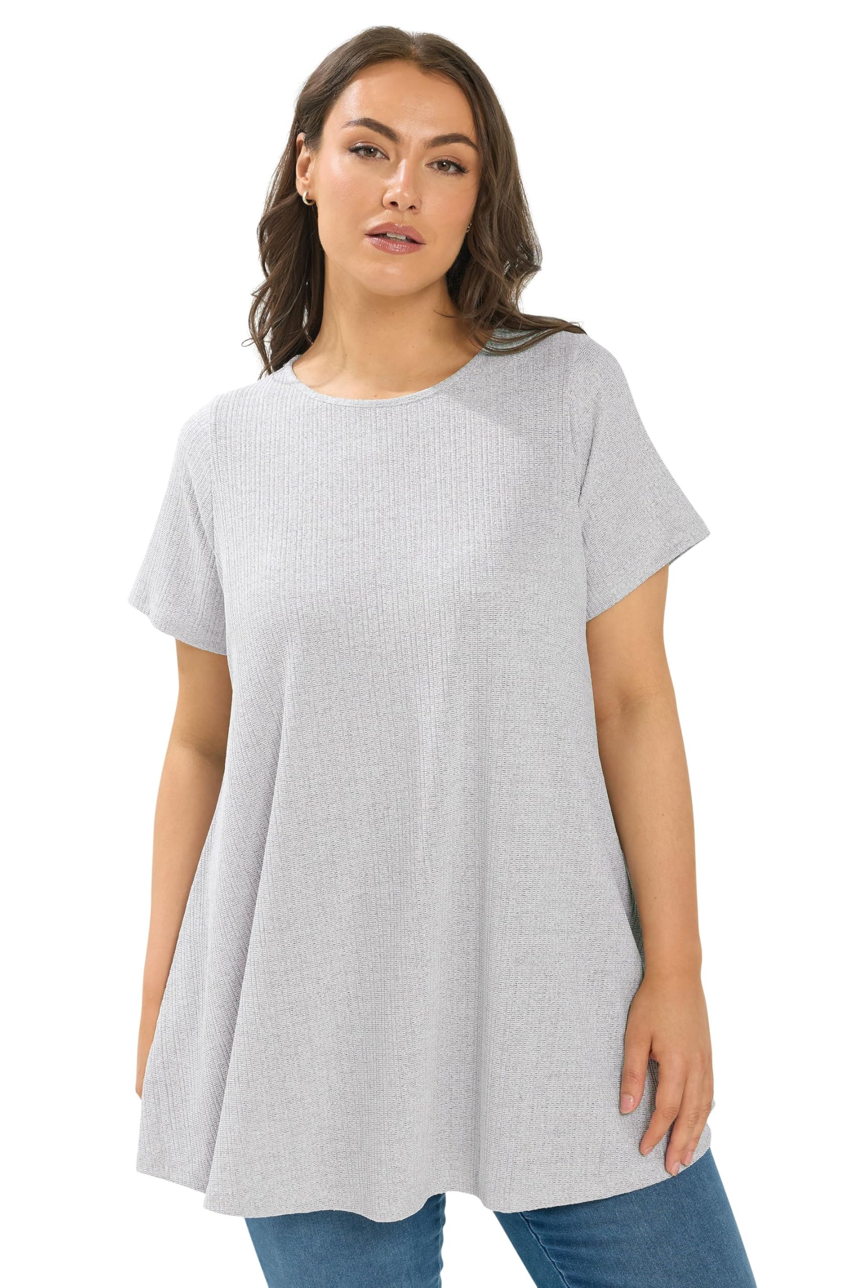Yours Women's Light Grey Ribbed Swing T-Shirt In | Size: 20