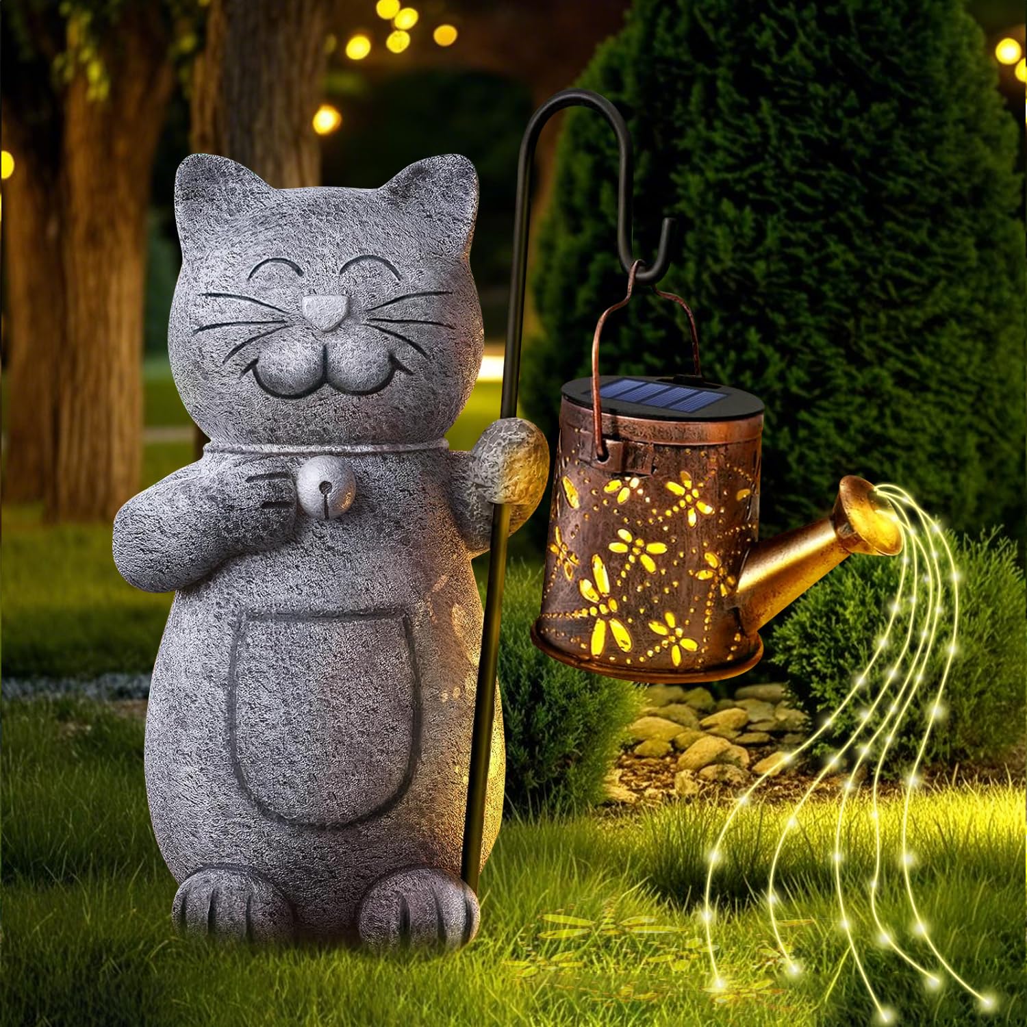 Voarge Statua solare da giardino, decorazione da giardino, luce solare, arte da giardino con lanterna solare, statuette da giardino, scultura illuminata, ornamenti per esterni, balconi, terrazze