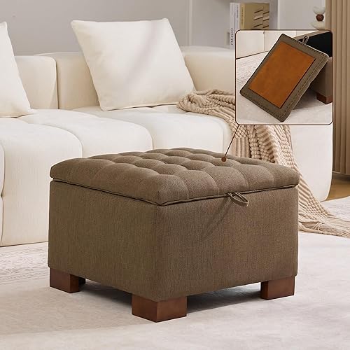 Otomana cuadrada de tela de 24 pulgadas con bandeja de madera, moderno reposapiés con botones, mesa de café, otomana pequeña tapizada para sala de