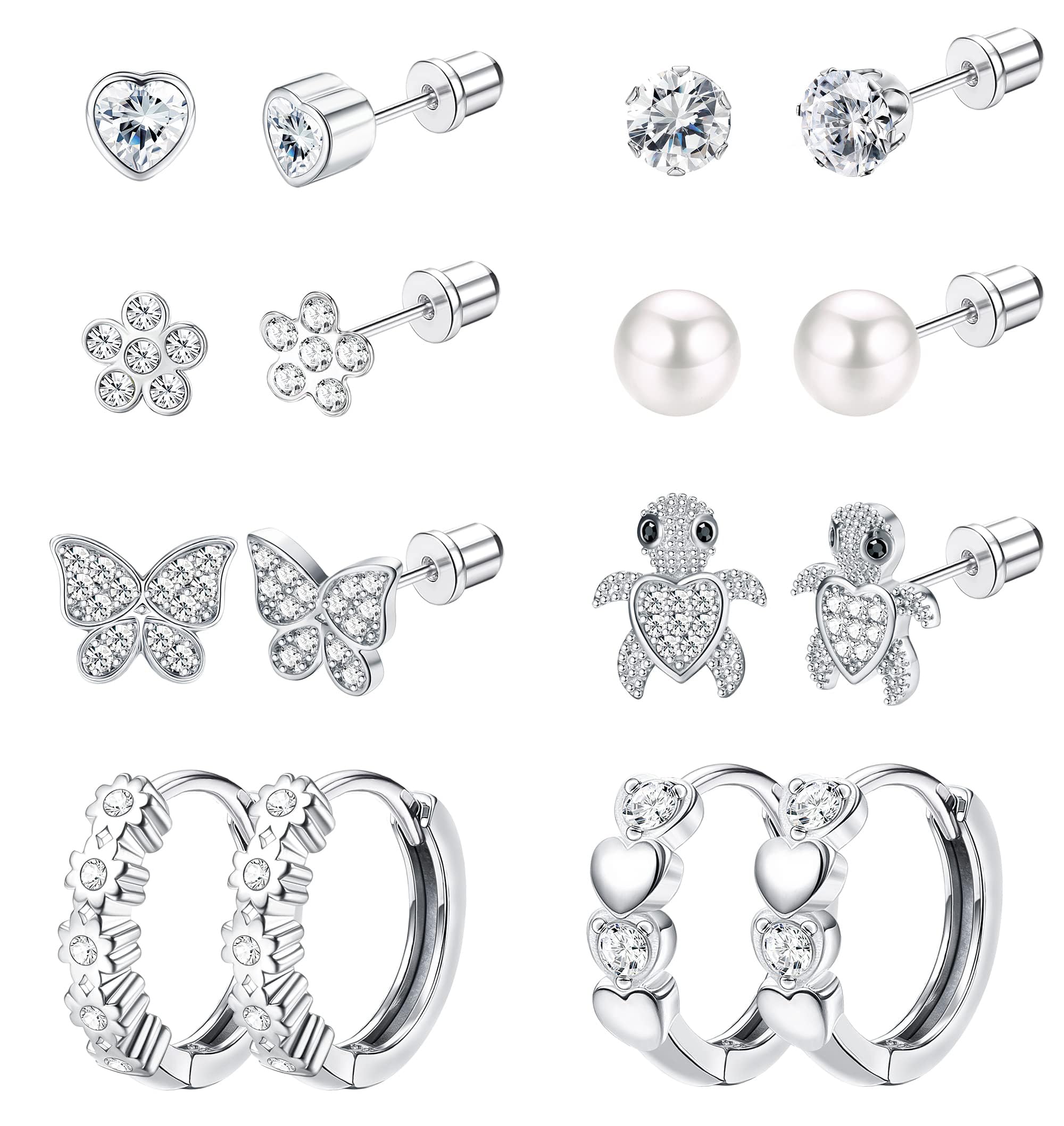 THUNARAZHypoallergenic Screwback Earrings Studs for Girls Women 316L Stainless Steel Cute Heart Hoop Earrings CZ Butterfly Turtle Screw Back Stud Earrings 20G