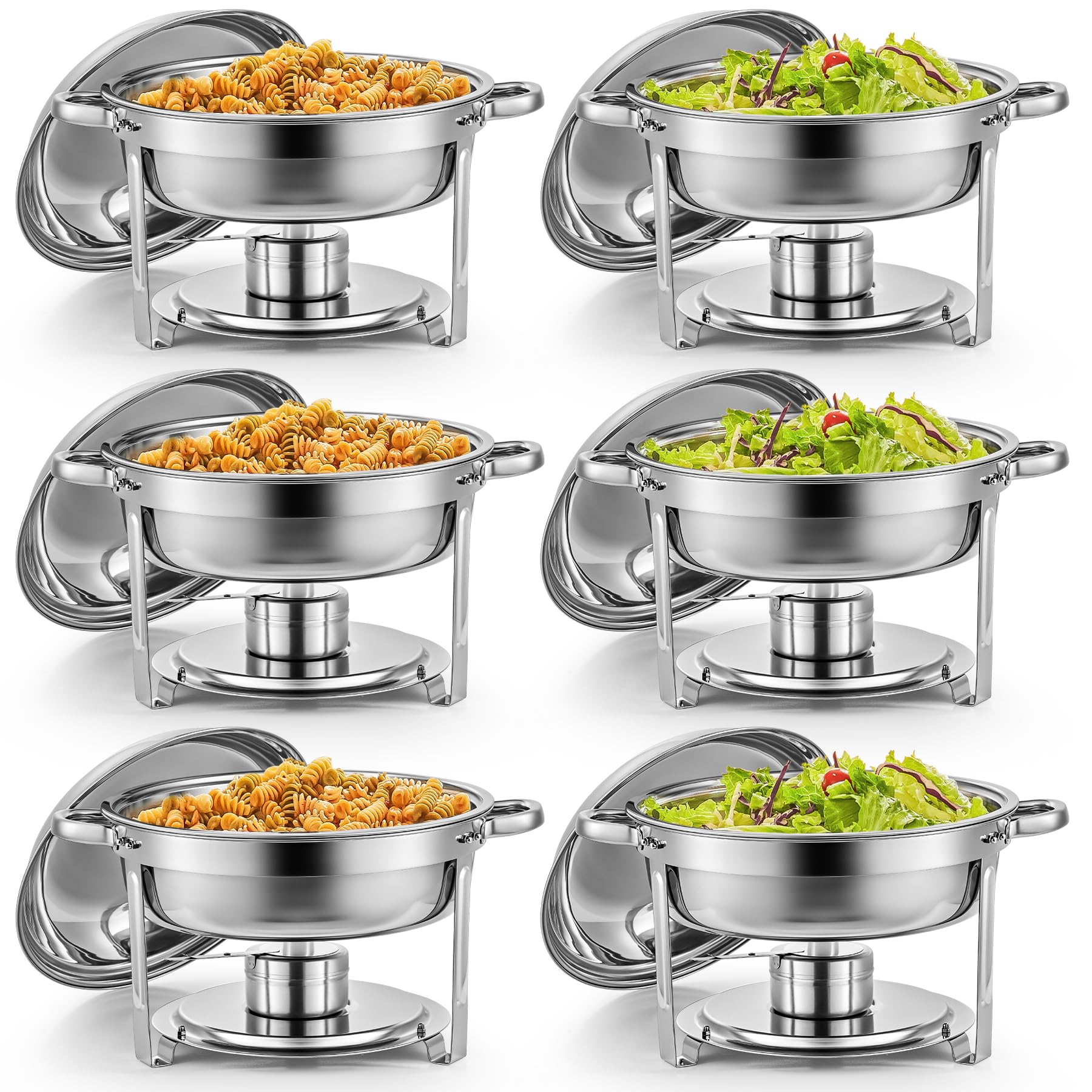 Wilprep Juego de 6 Calentadores de Comida para Buffet Redondos, Acero Inoxidable 5L con Bandeja de Calefacción y Tapa, Chafing Dish para Restaurantes, Catering, Fiestas, Bodas y Picnics (6PCS)