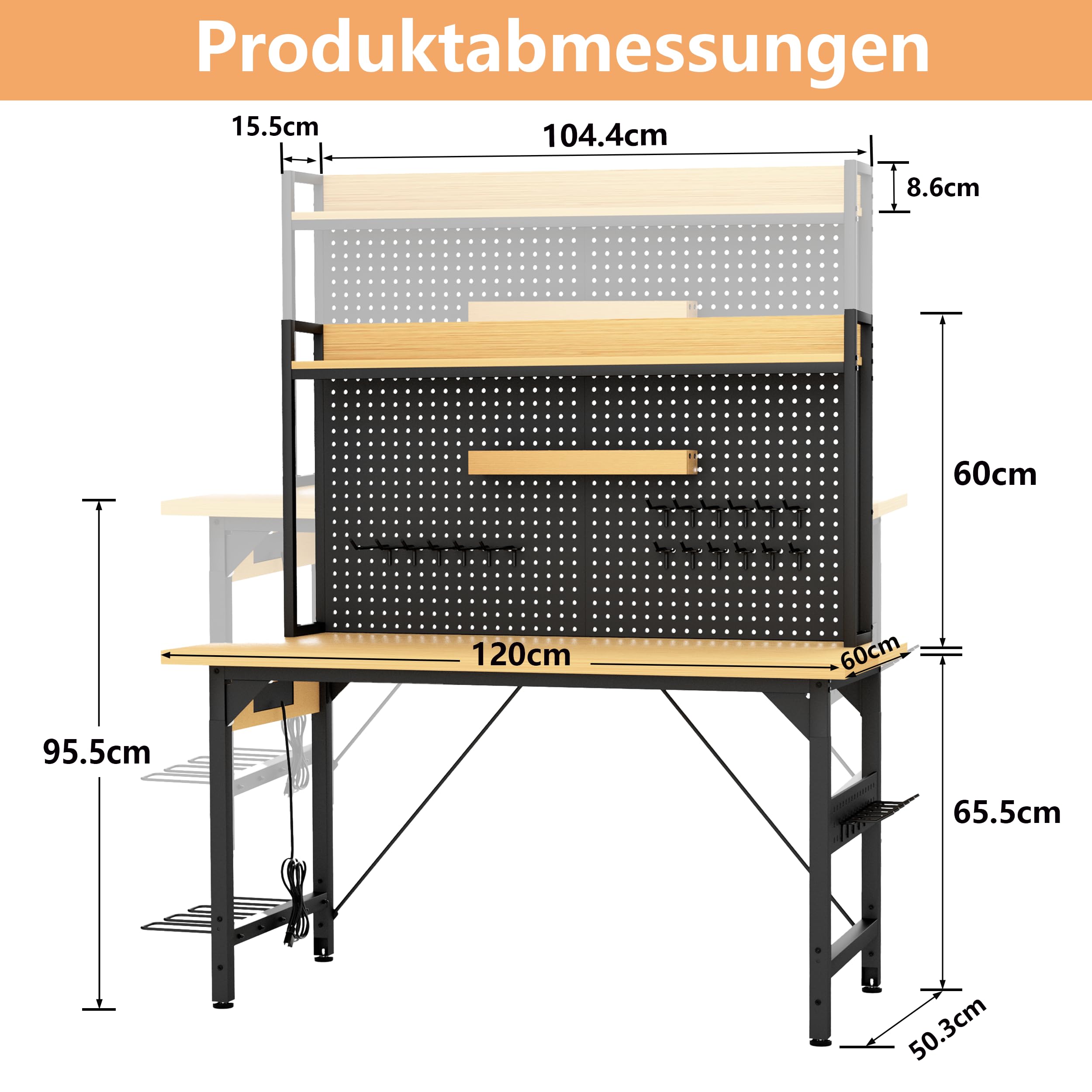 Banco de trabajo regulable en altura de 120 cm con pared perforada, banco de trabajo enrollable con ruedas, enchufes, USB y Type-C, mesa de taller con gancho y estante, banco de trabajo pesado para