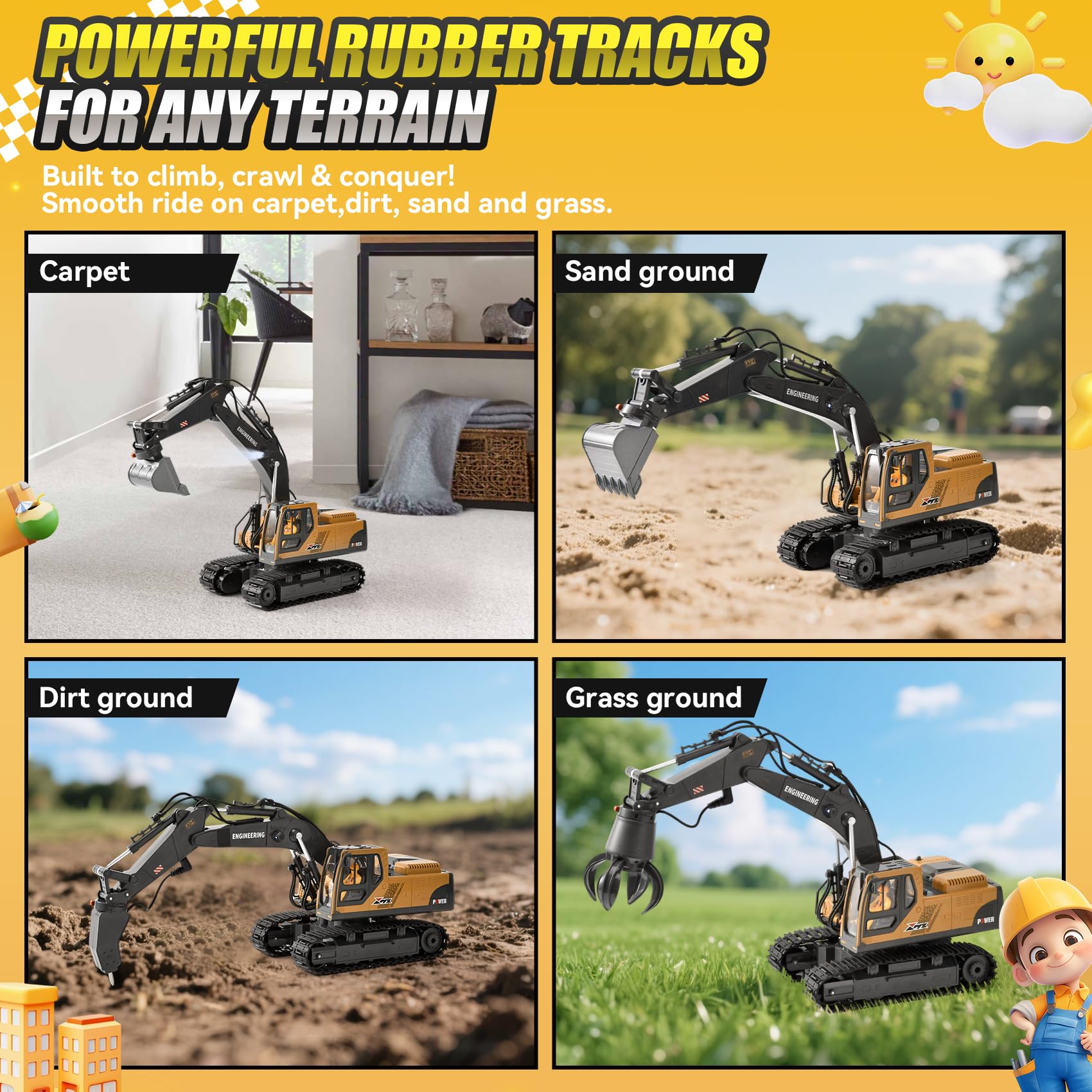 Excavadora RC 3 en 1 Radiocontrol con Cuchara Metálica Garra y Taladro 2.4GHz 14 Canales Rotación 680° Luces LED y 2 Baterías Juguete de Construcción Regalo para Niños 3-12 Años