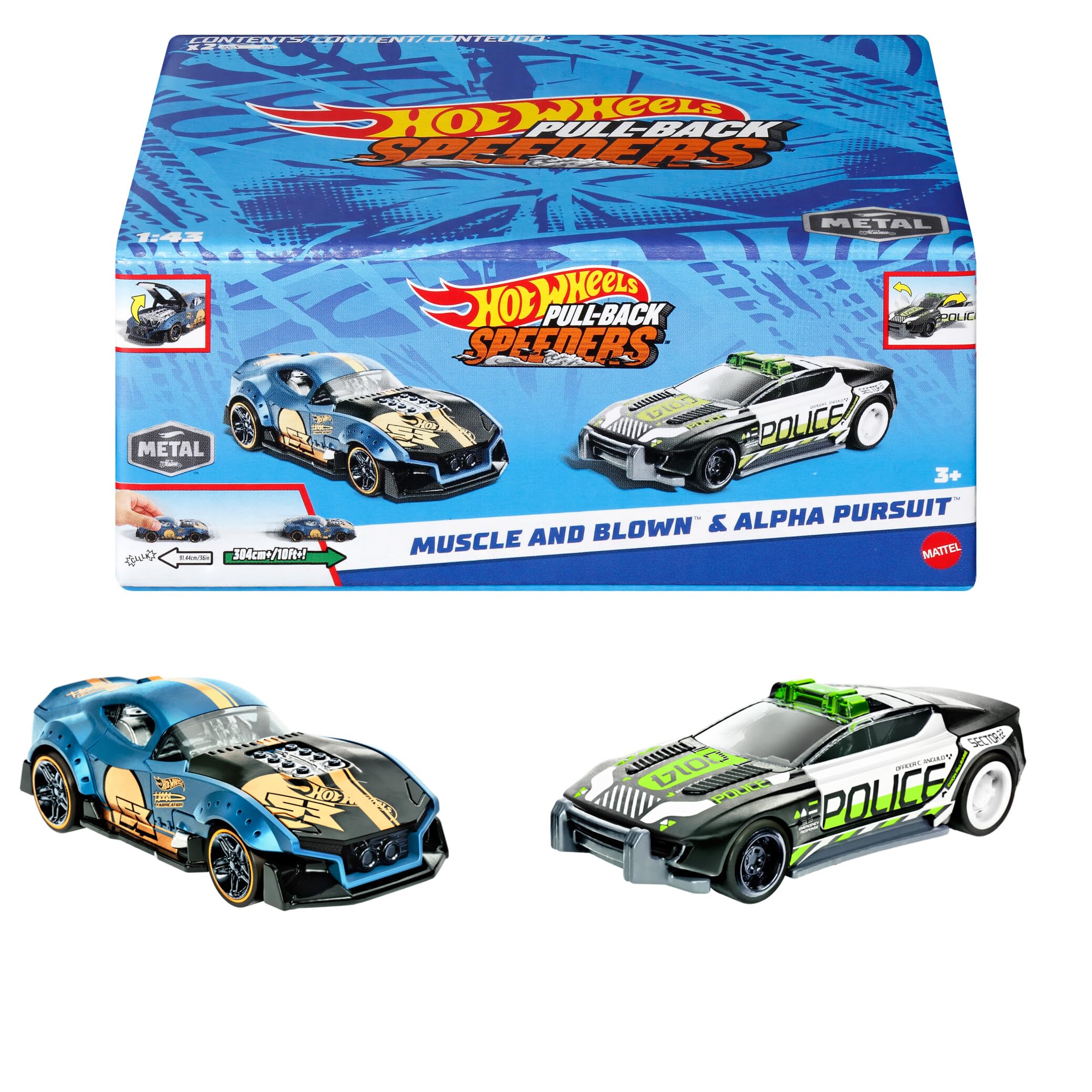 Hot WheelsPull-Back Speeders Set of 2 Toy Cars in 1:43 Scale (Assorted Styles, One Random Set), Pull Cars Backward & Release, Collectible, With Rolomatic Engine or Door or Hood that Opens, HPR91