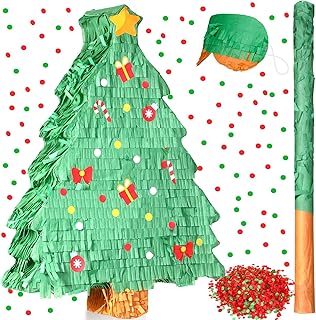 Christmas Tree Pinata 16 Inch Christmas Pinata with Stick Blindfold and Confetti Pack Christmas Mexican Pinata Bundle for Boys Girls Birthday Xmas Holiday Pinata Game, As Shown in Picture