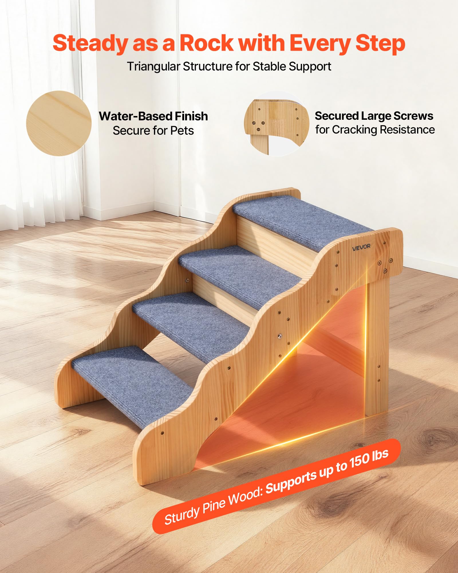 VEVOR Scale in Legno per Animali Domestici a 4 Gradini per Letti Alti, Divani e Auto, Carico di 68 kg, Superficie Antiscivolo, Scaletta Stabile per Cani e Gatti, Accessori Essenziali per Cuccioli