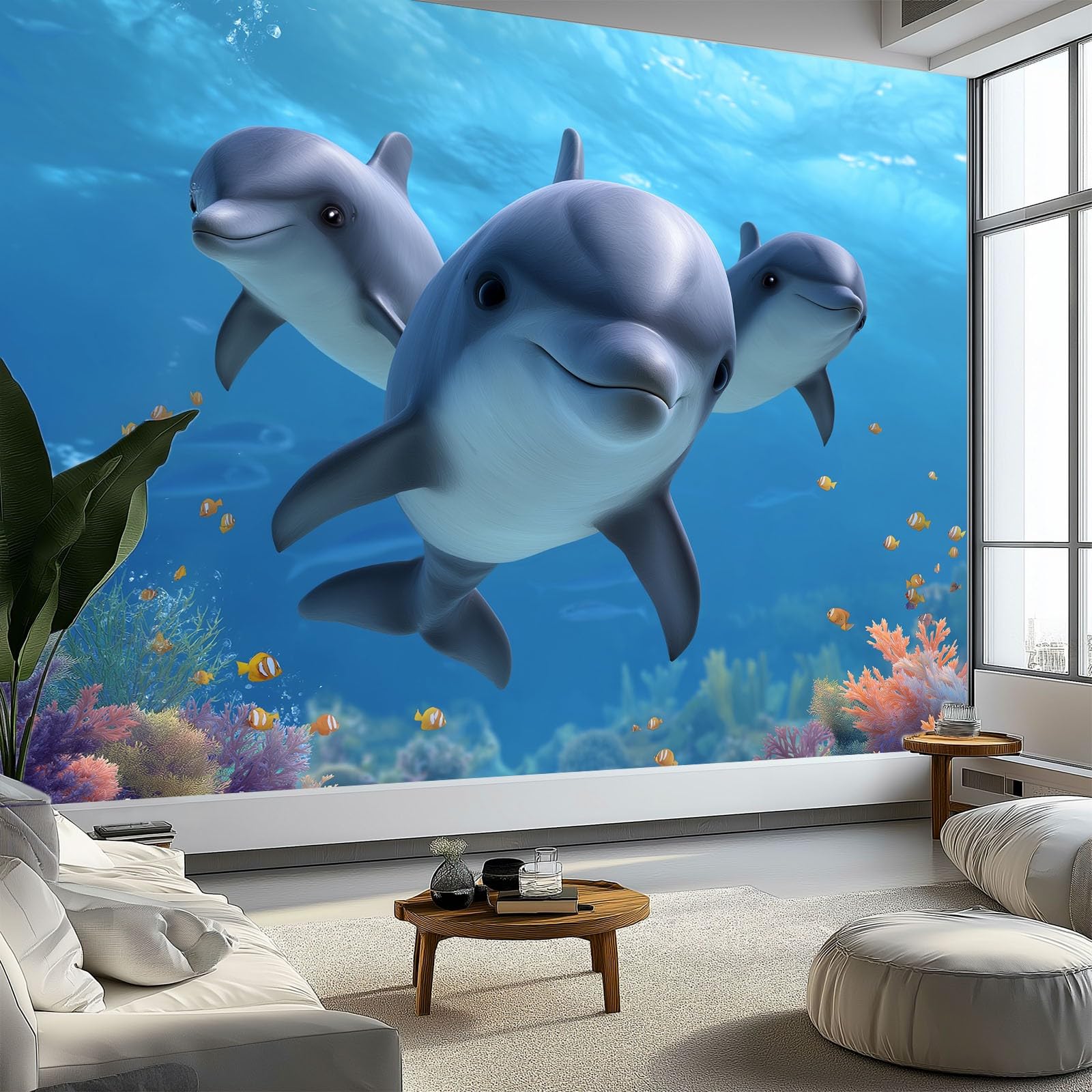 Fototapeta z efektem 3D, 350 x 256 cm (szer. x wys.), tapeta ścienna, niebieska, tapeta ścienna - śliczne morze, zwierzęta, delfiny, tapeta z włókniny, tapeta z wzorem do salonu, sypialni, biura