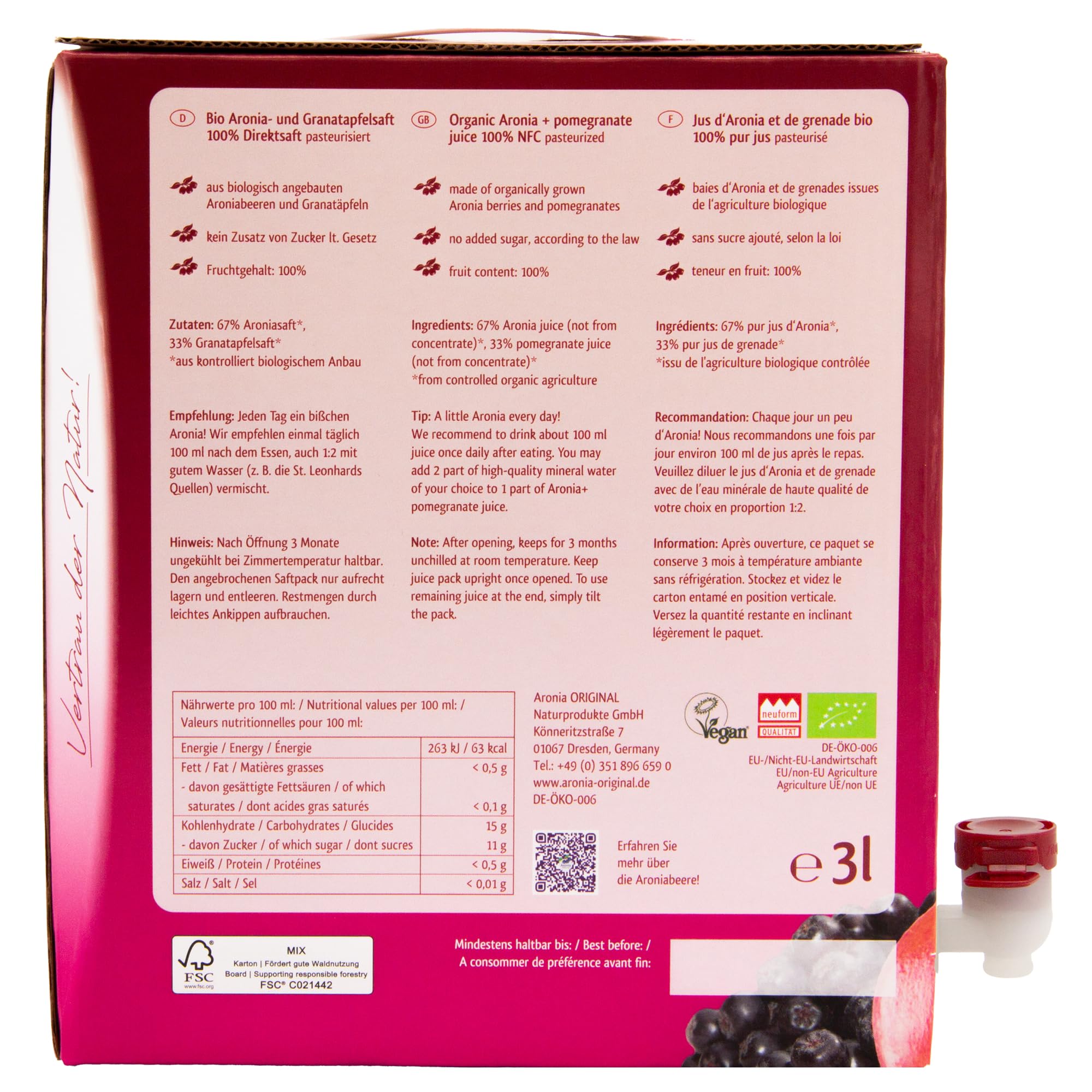 Aronia ORIGINAL Bio Aronia + Granatapfel Muttersaft | 3 Liter Direktsaft | Vegan, ohne Konservierungsstoffe, ohne Zuckerzusatz (lt. Gesetz) (Packung mit 2)