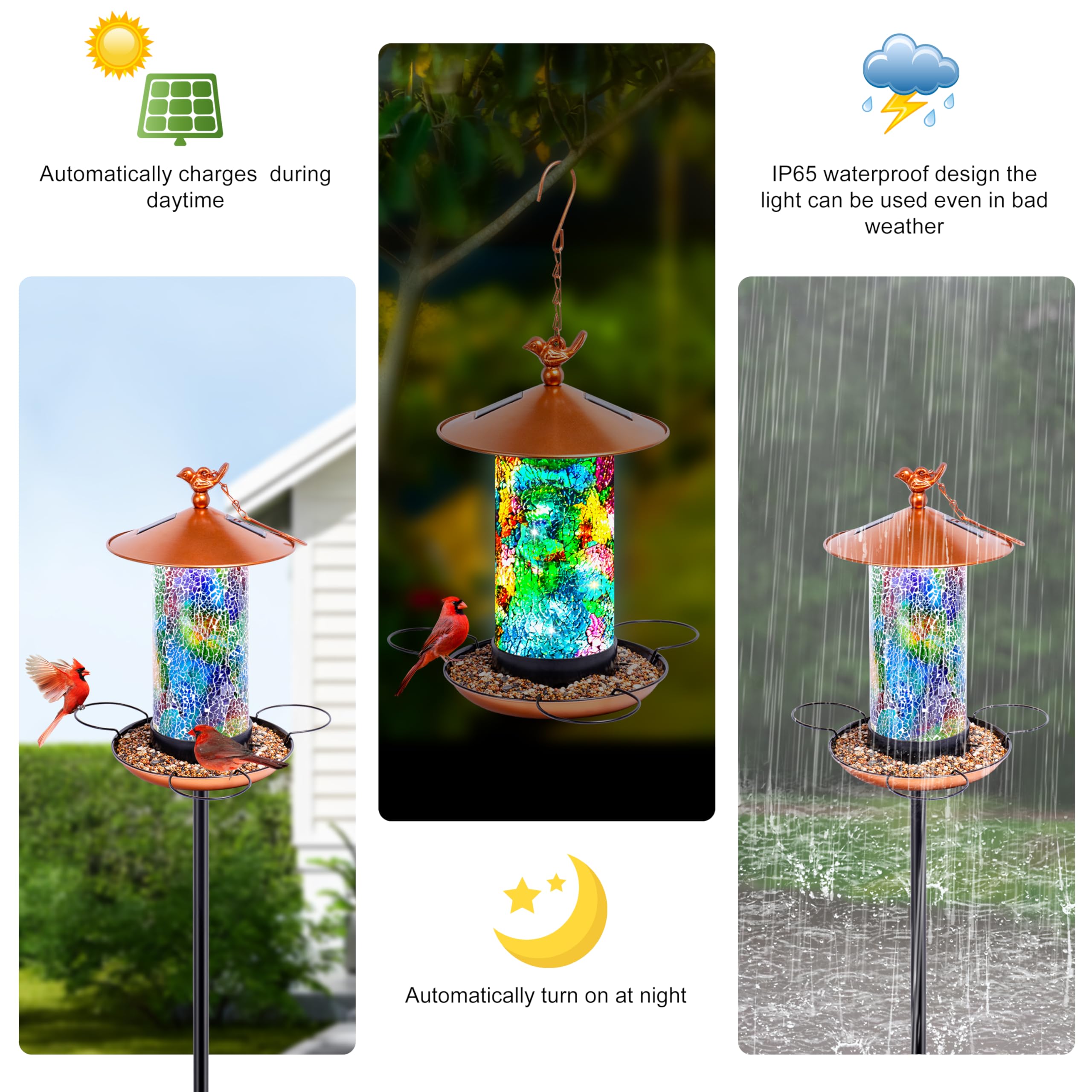 Ottsuls Comedero de pájaros con luz solar para exteriores con poste, mosaico de vidrio de lujo, linterna vintage de metal, bonito regalo para amantes de los pájaros, regalo para inauguración de la