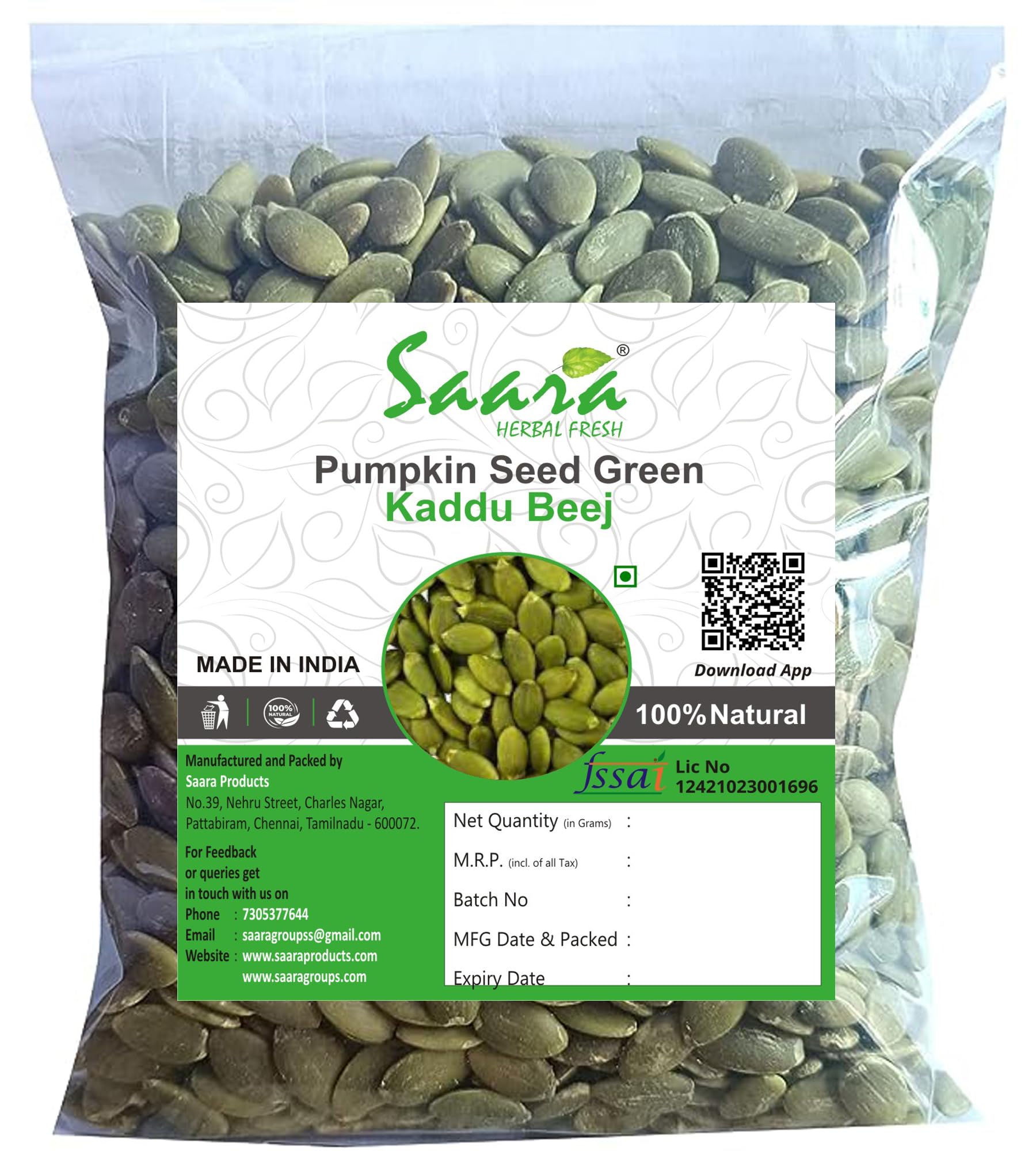 Saara HERBAL FRESH Pumpkin Seeds 50g, AAA Grade Seeds for Eating | Immunity Booster | Healthy Diet Snacks | Poosani Vidhai | Kaddu Ke Beej With shell (Green), 50g