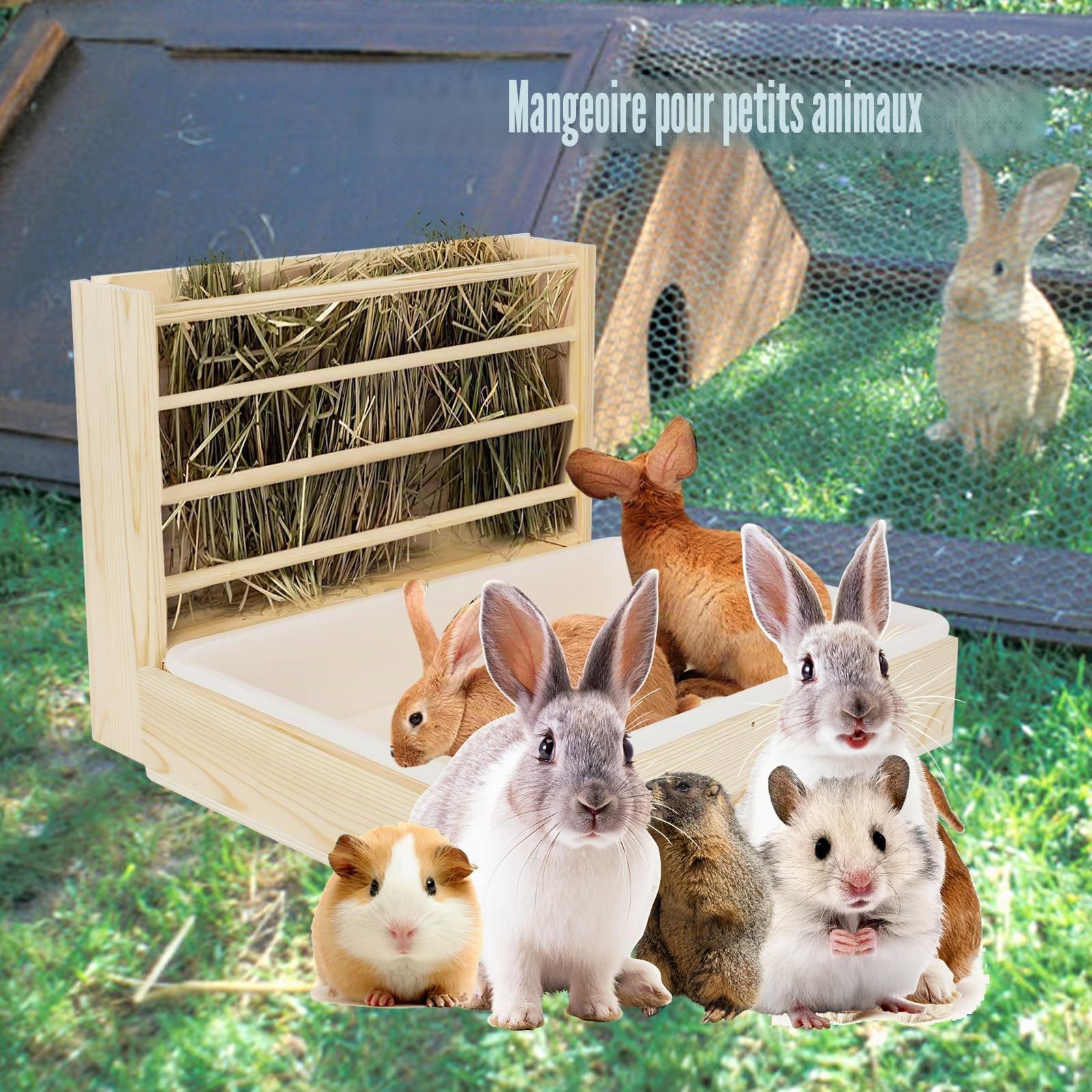 Râtelier à foin multifonction avec toilettes, bac en bois pour lapin, abreuvoir, gamelle, 2 en 1