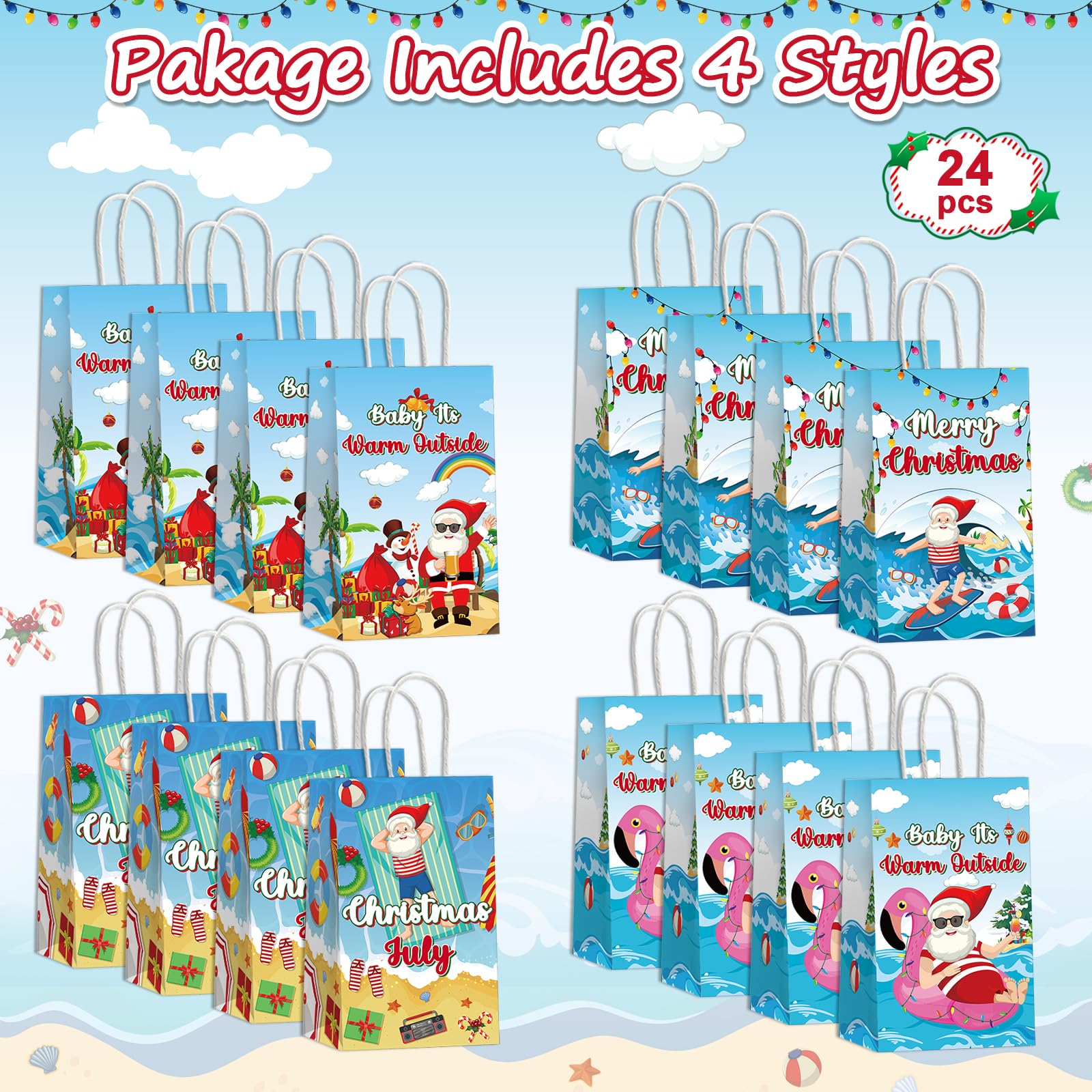 24PCS July Christmas Party Favor Bags Christmas Tropical Party Disposable Treat Bags with Handles Hawaiian Gift Bags for Summer Christmas Theme Hawaiian Beach Birthday Party Decorations Supplies
