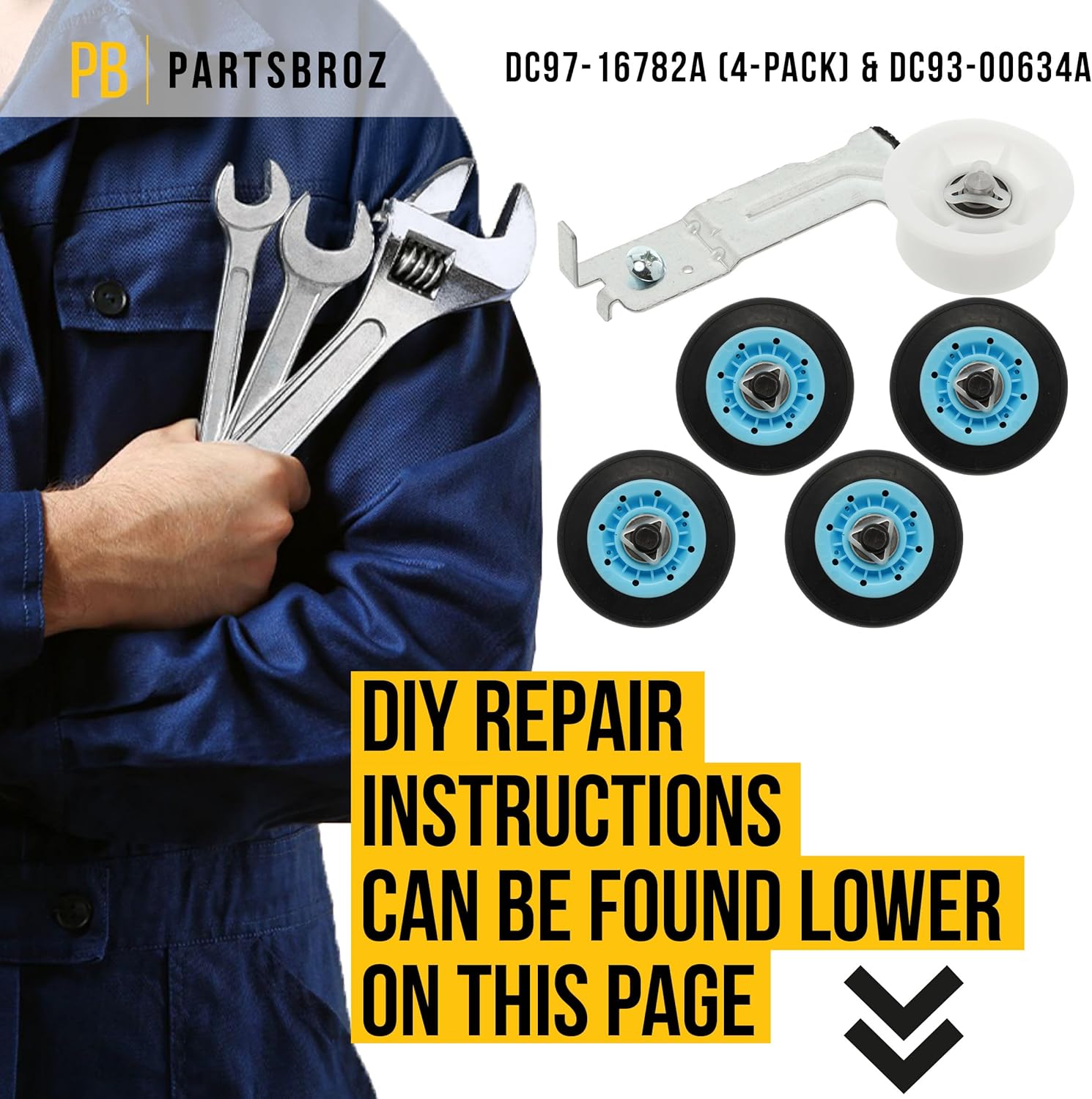 PartsBroz DC97-16782A Dryer Roller Samsung Replacement Part DC93-00634A Idler Pulley DV410AEW/XAA DV448AGP/XAA DV45H6300GG/A3 DV48J7770EW/A2 DV361EWBEWR/A3 DV45H7000GW/A2 DV45K6200EW/A3 DV48H7400GW/A2