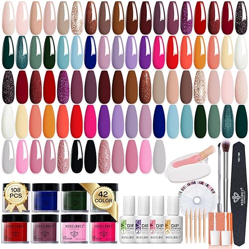Modelones Kit de iniciación de uñas en polvo de inmersión, 42 colores burdeos, morado, champán, dorado, purpurina, juego de líquido de polvo de