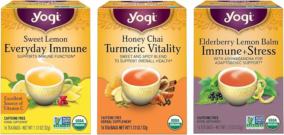 Yogi Tea Immune Support Tea Variety Pack - 16 Bags per Pack (3 Packs) - Immunity Support Sampler Set - Sweet Lemon Everyday Immune, Honey Chai Turmeric Vitality &amp; More USDA Organic