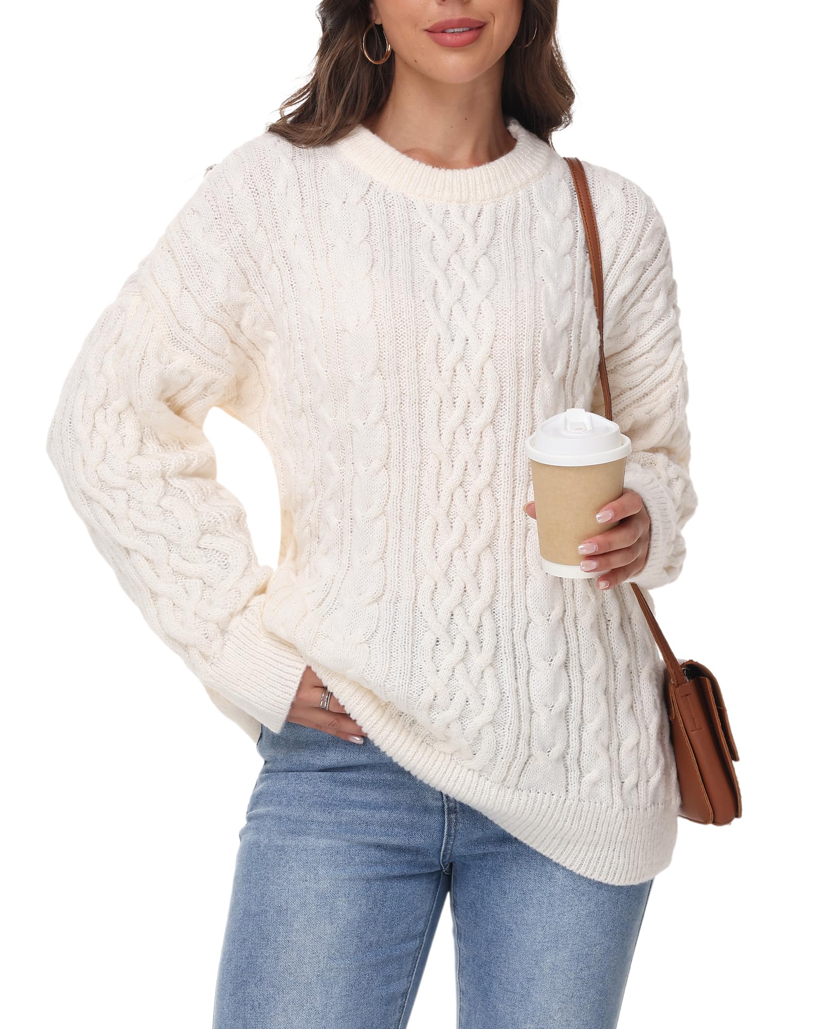 Women Oversized Sweater Crewneck Cable Knit Pullover Sweater Top Long Sleeve Fall Winter Loose Chunky Cozy Sweaters