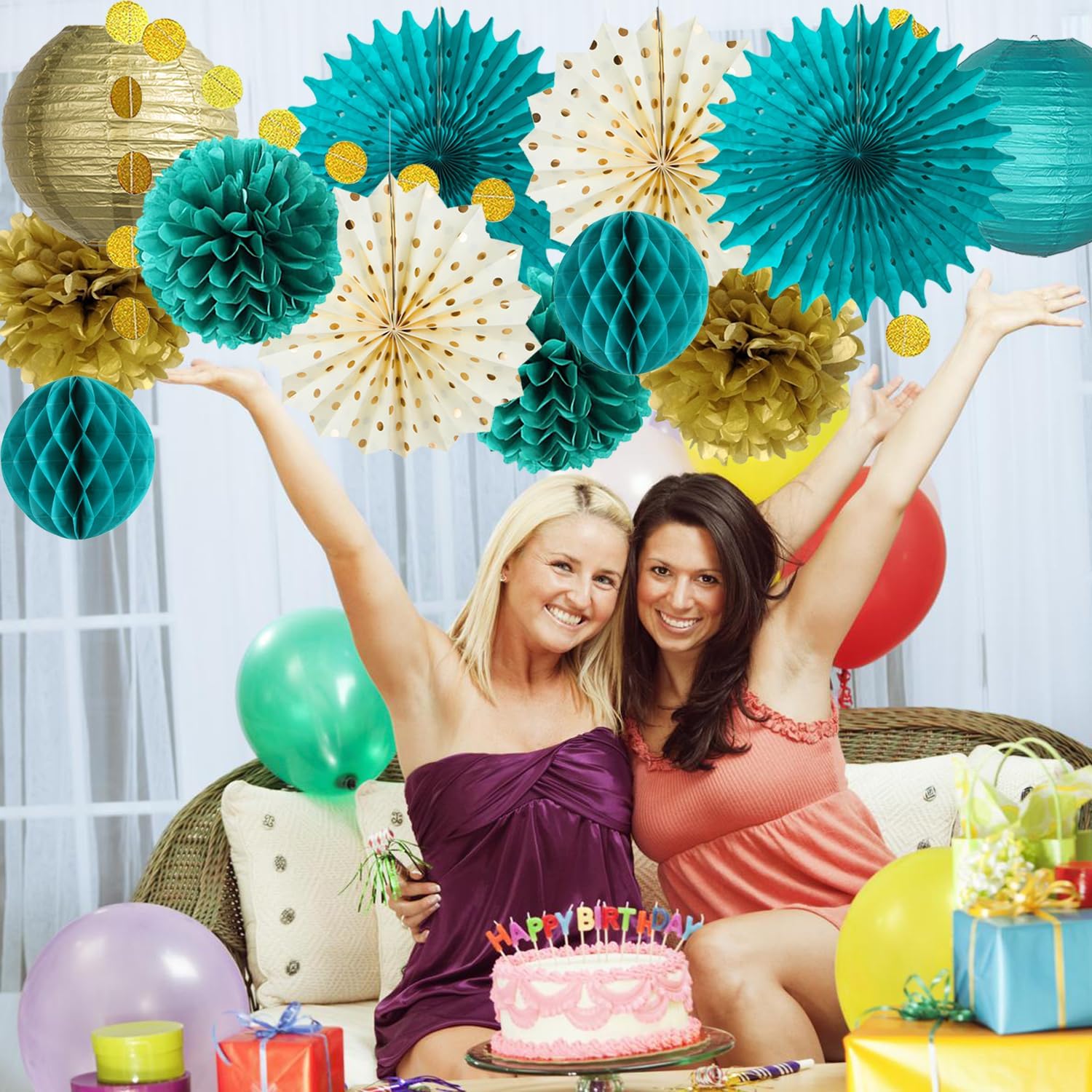 Teal Blue and Gold Party Decoration Tissue Pom Poms Flowers Hanging Paper Fans Lanterns Circle Dot Garland for Teal Gold Wedding Bridal Shower Engagement Women Birthday Turquoise Party Decorations