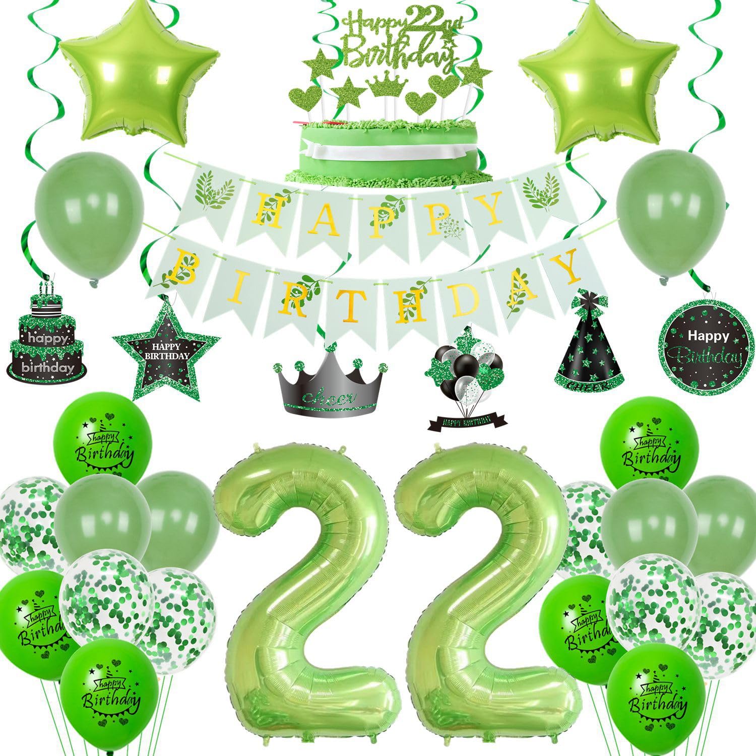 2 palloncini con numero 22 verde + ghirlanda di auguri + banner verde