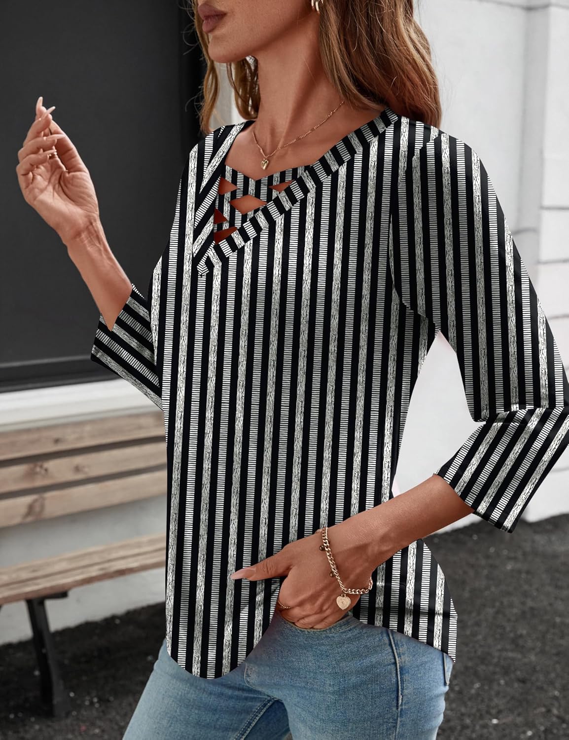 Rapbin Women Blouses Dressy Casual Spring Tops 3/4 Length Sleeve Womens T Shirts V Neck Criss Cross Tees - Image 3