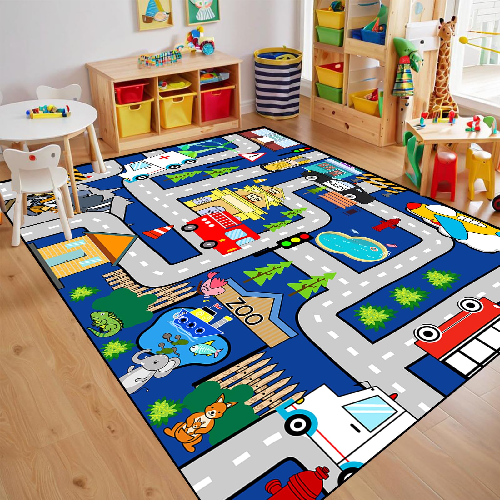 Kids Carpet Playmat Rug - Kids Car Rug Play Mat, City Life Map Car Mat for Kids Toy Cars Educational Play Traffic Road Carpet for Bedroom (Sky Blue,