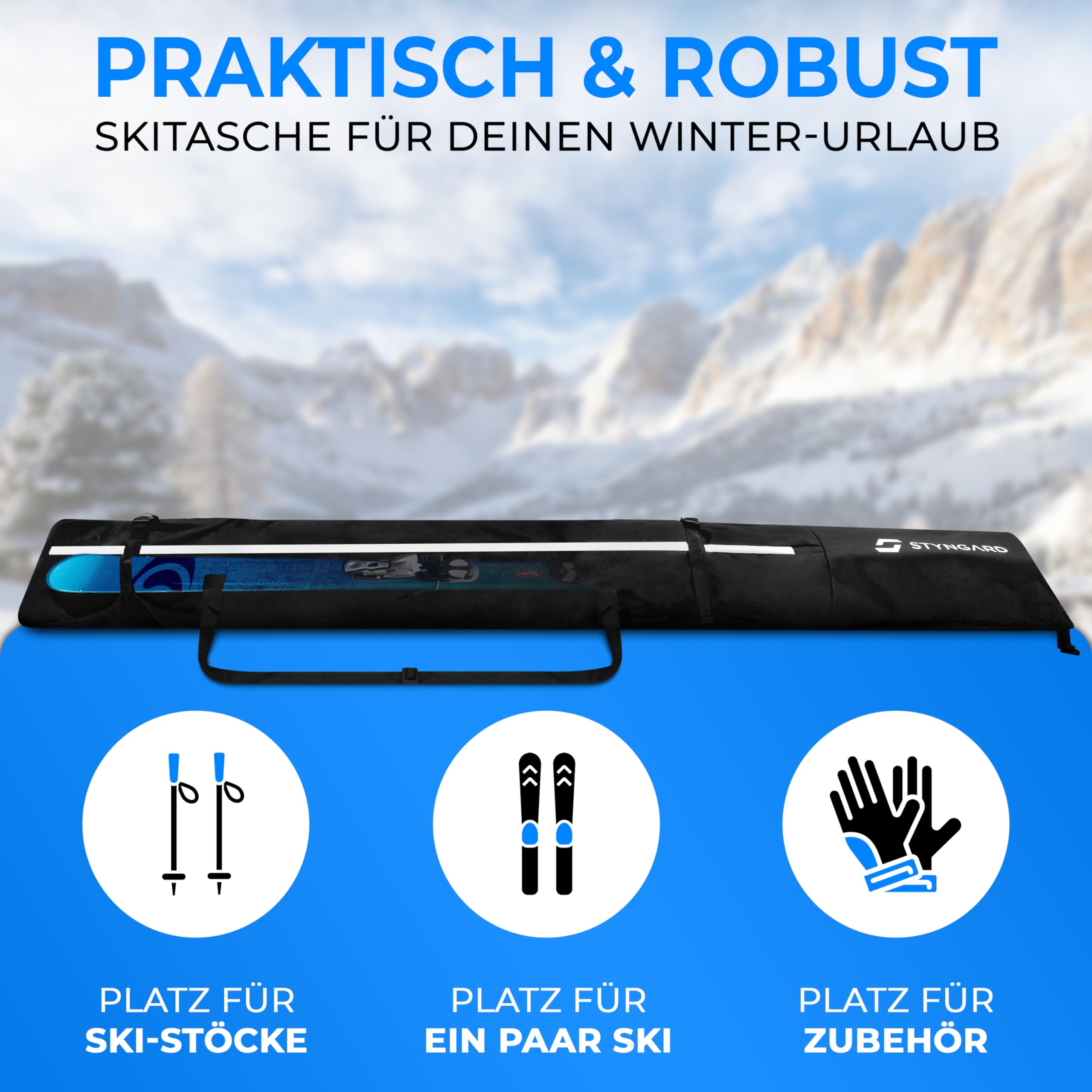 STYNGARD Skitasche mit Rolltop [140 cm bis 200 cm] - Skisack aus robustem Material mit hochwertigen Reisverschlüssen - Ski Bag Modell Helsinki