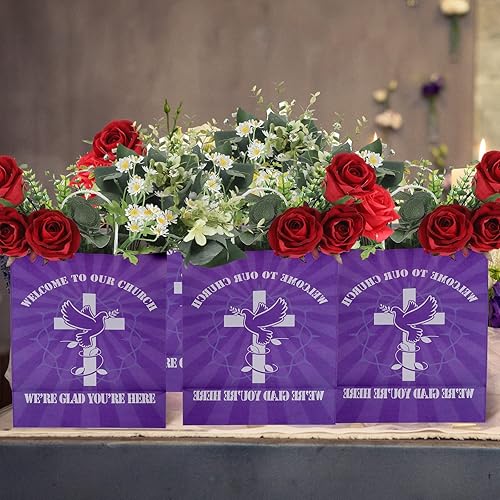 Miniatura 7 de Geyee 24 bolsas grandes de regalo de bienvenida a la iglesia, a granel, 10.7 x 4.3 x 8.7 pulgadas, papel cristiano religioso morado con asas para