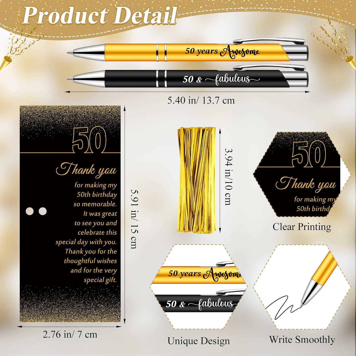25 Sets 50th Birthday Party Favors for Guests with Golden Birthday Ballpoint Pens and Thank You Cards for Men Women Anniversary Wedding New Year Gifts - Image 2