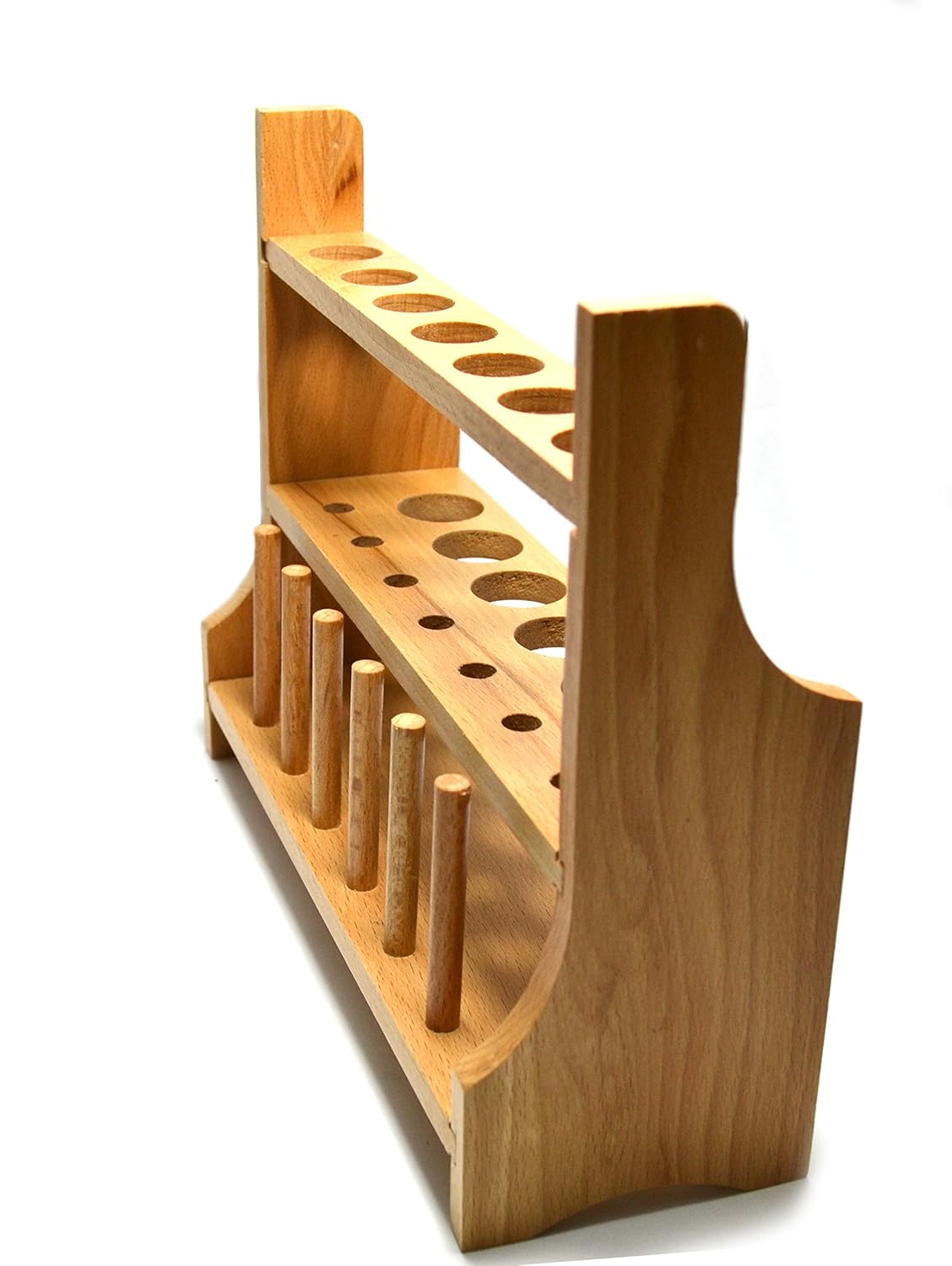 Laboratory Wood Test Tube Rack, 13 Hole, 6 Pin - 2 Shelves, Hole Size 20mm Lower - 26mm Upper - for Tall Test Tubes or stirrers - No Tip Design