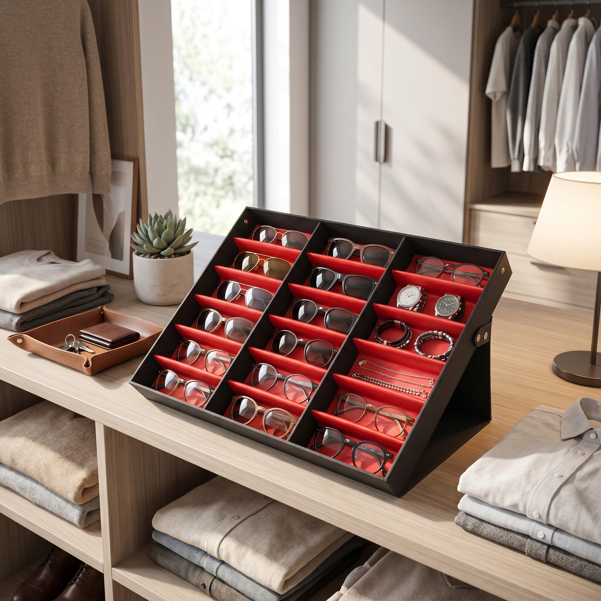 Wakects Scatola Porta Occhiali da 18 Posti, Custodia Espositore per Occhiali da Sole, Nero e Rosso, 47x37x6 cm
