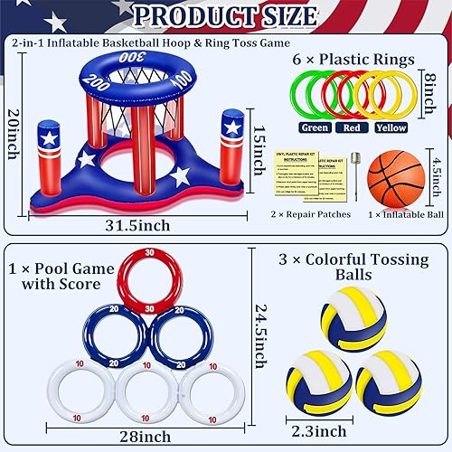 Miniatura 2 de Juego de juguetes de piscina con la bandera estadounidense, aro inflable de baloncesto flotante 2 en 1 y juego de piscina inflable para lanzar